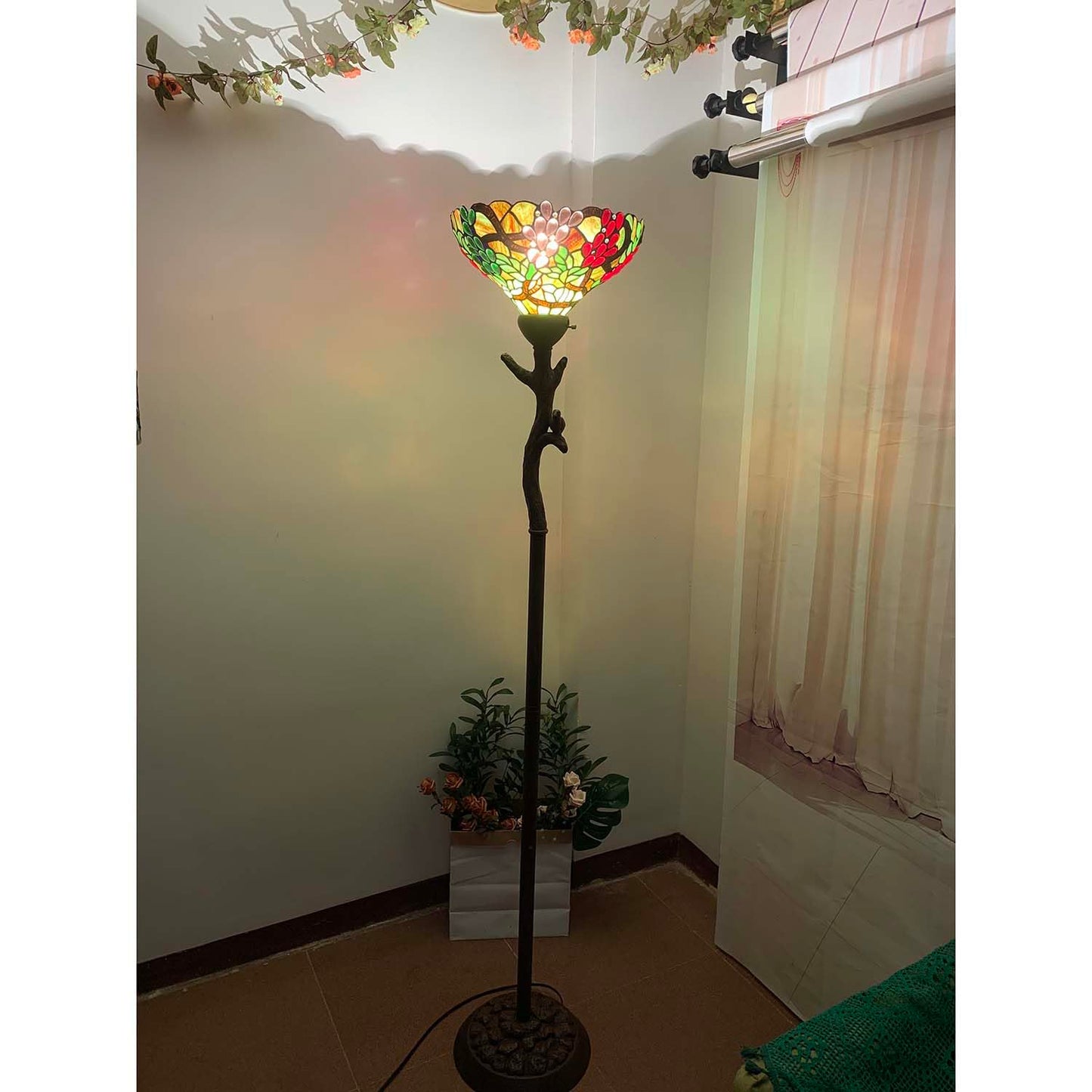 Bieye L10768 Grape Tiffany Style Stained Glass Torchiere Floor Lamp with 14 inches Lampshade, Bird on Branch Base, 70.5 inches Tall