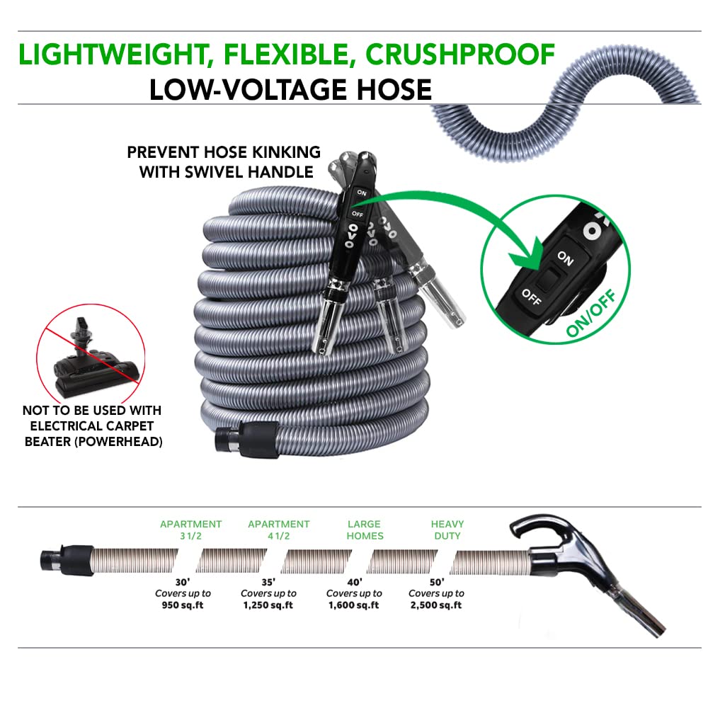 OVO Central Vacuum Standard Kit, with 30/35/40/50ft Low-Voltage Hose, ON/Off Control at The Handle, 12’’ Combo Brush and Accessories, for Hard Surfaces and Carpets, B 40', Black, (KIT-LV40S)