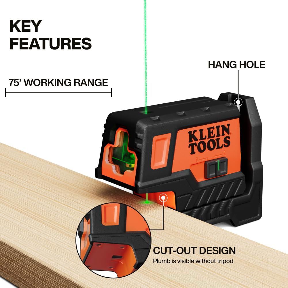 Klein Tools 93MCLPG Compact Self-Leveling Laser Level with Plumb Spot, Bright Green Cross Line, 75-Foot Range, Laser Class 2, Power Output <1mW, Magnetic Mount