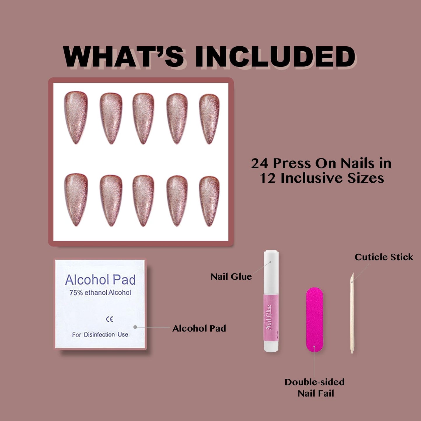 Gentle Claws Press-On Nails, Syrup - 24 Pcs Reusable Acrylic False Nails in Stiletto Shape, Medium Long Almond with Cat Eye Design, Full Well Tips, Pink Shimmery Finish, for Women and Girls