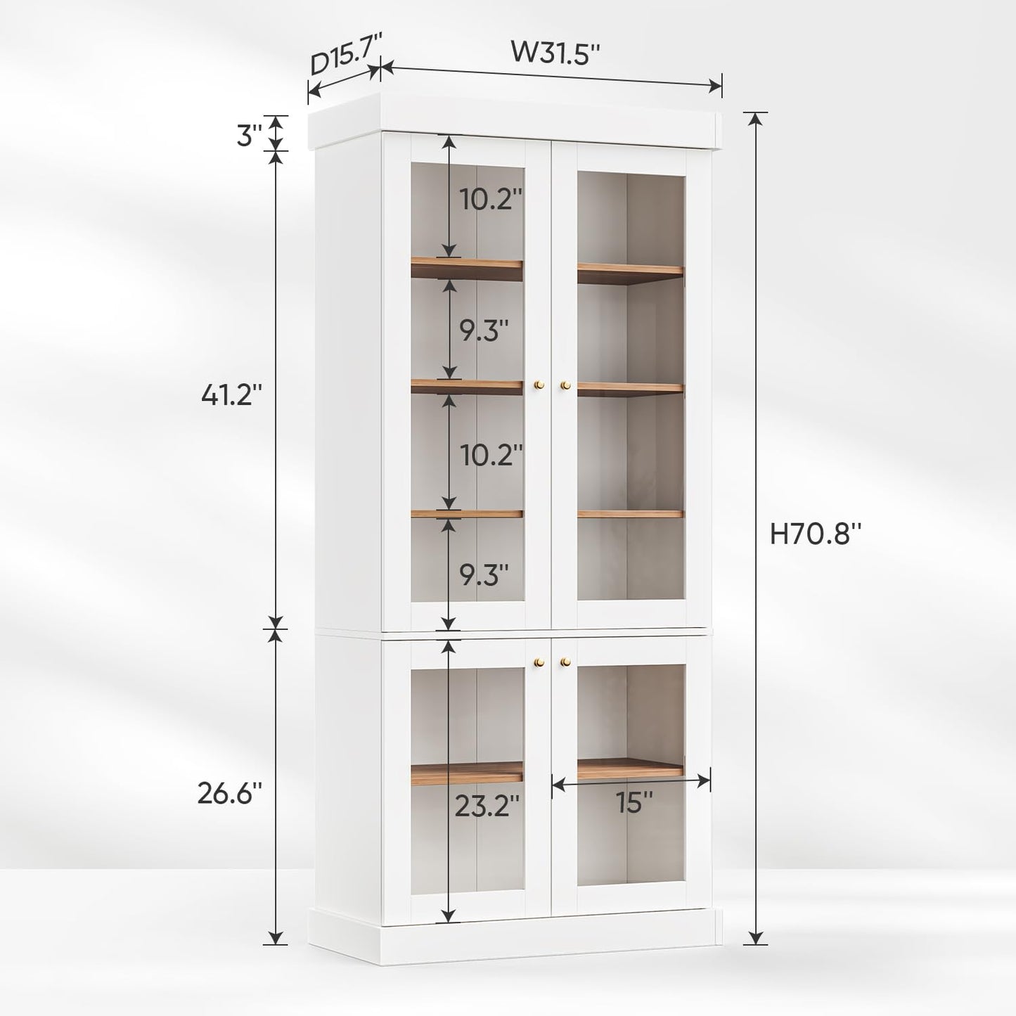 Vyre 70.8" Bookshelf with Glass Doors, Farmhouse Modular Bookcase with 6-Tier Adjustable Shelves, Large Storage Cabinet for Living Room & Home Office, Set of 2, White