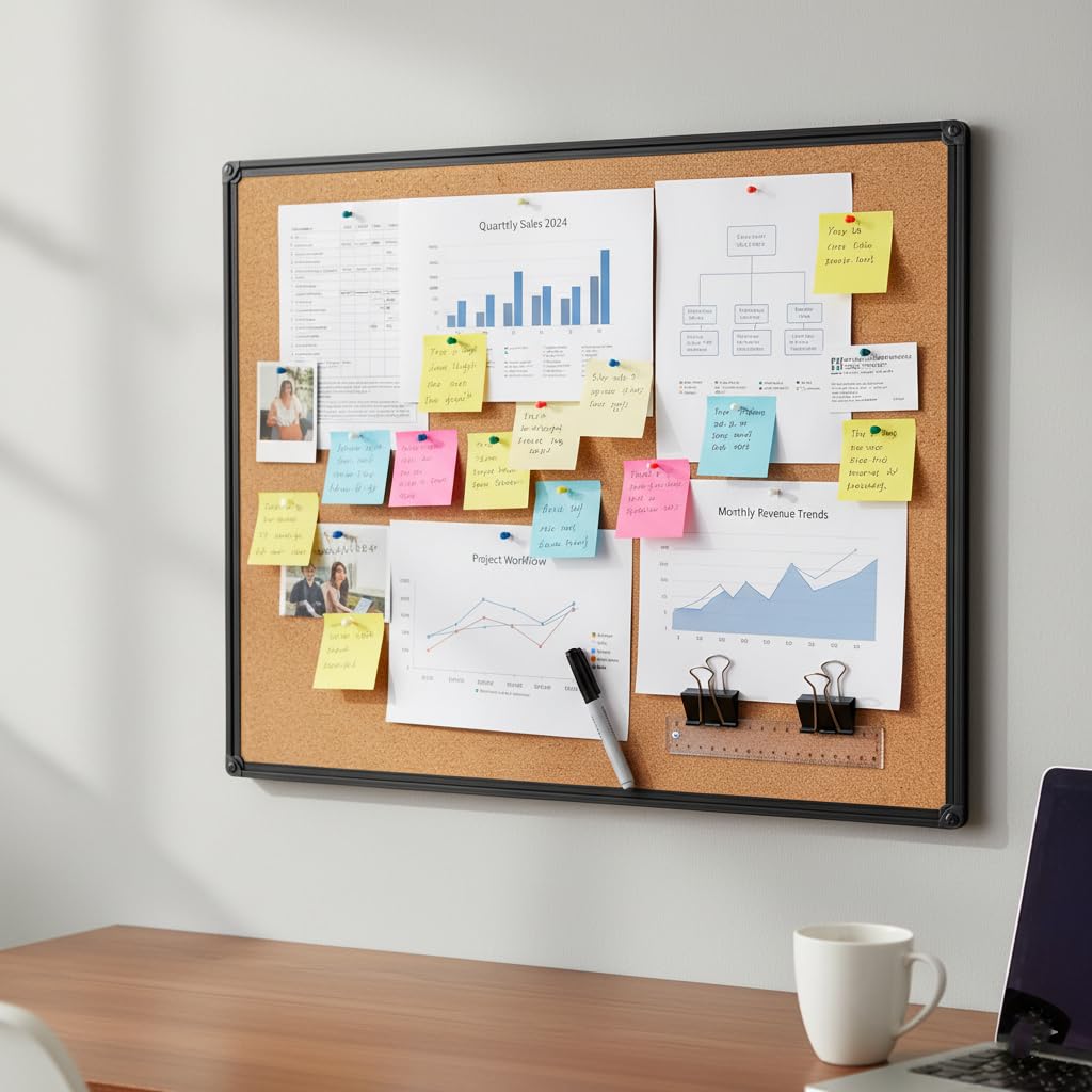 DexBoard 2-Pack Cork Board 36 x 24 Inch, Black Aluminum Frame Bulletin Board for Walls, Large Self-Healing Vision Board for Office, School, and Home, Hanging Notice Board with 10 Push Pins (3x2 Ft)