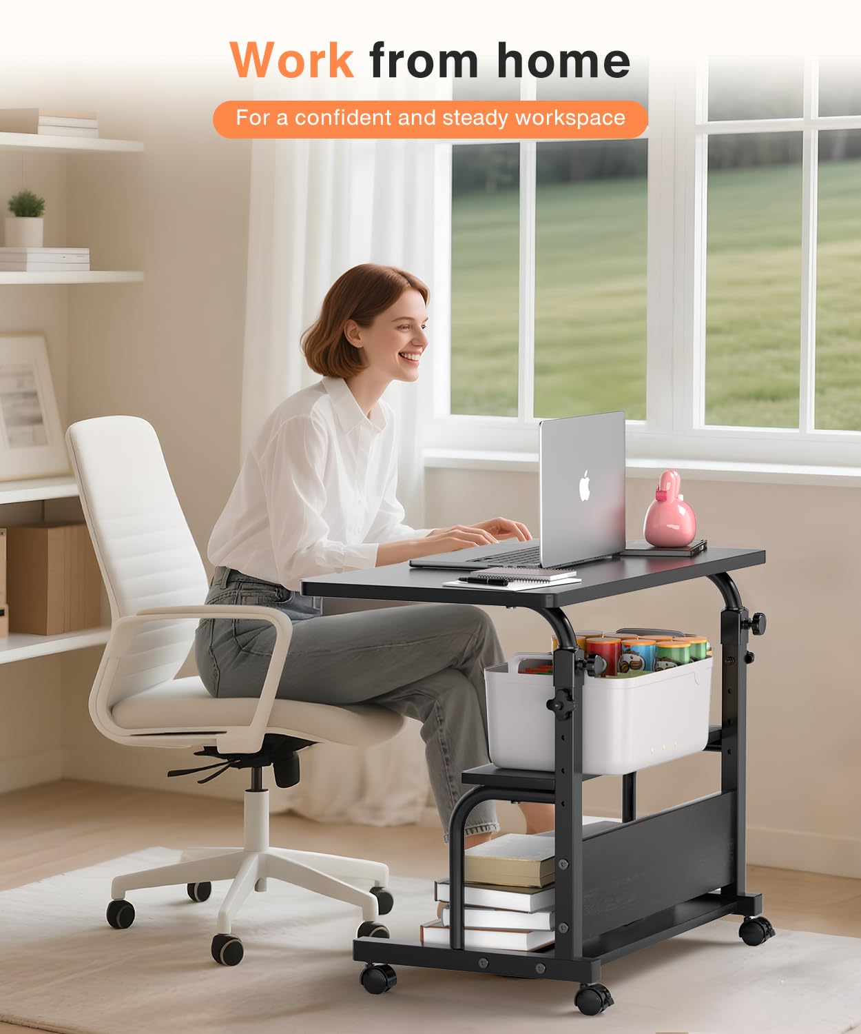 QZMDSM Portable Rolling Desk on Wheels Adjustable Height Desks for Small Spaces, 32" Computer Desk with Storage Shelves for Home Office Black