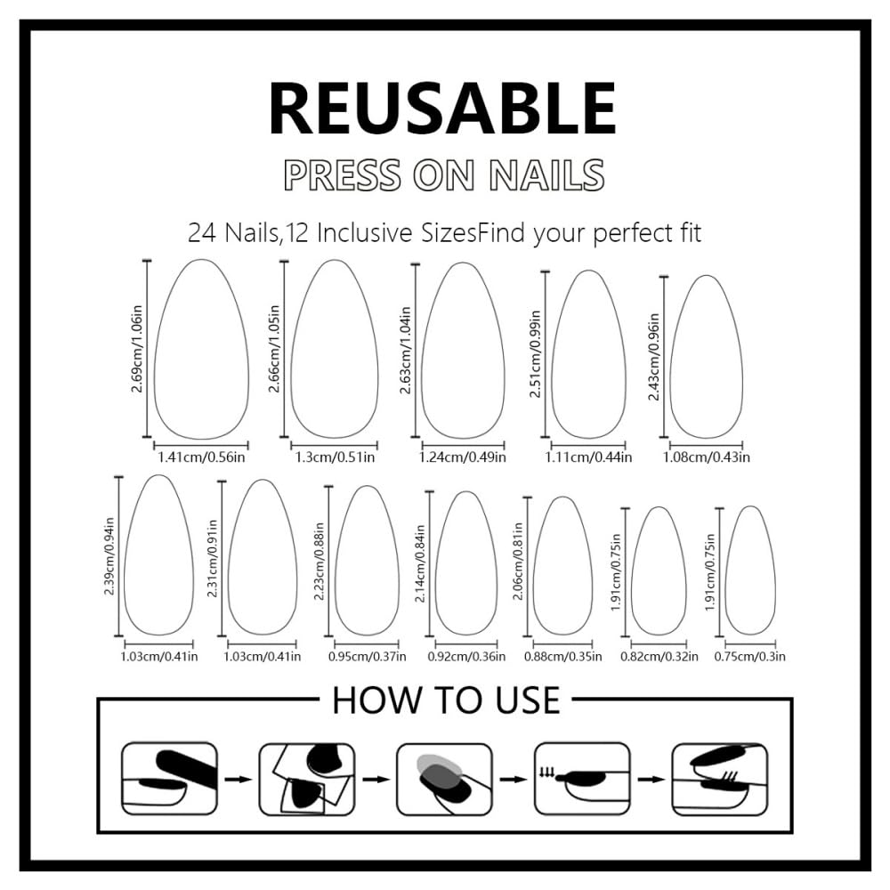 Almond Press on Nails Medium Fake Nails with 5D Flower Charm Design Glossy Polka Dots French Tips Glue on Nails Spring Summer Nail Press ons Reusable Full Cover Pink Nail for Women Manicure 24Pcs