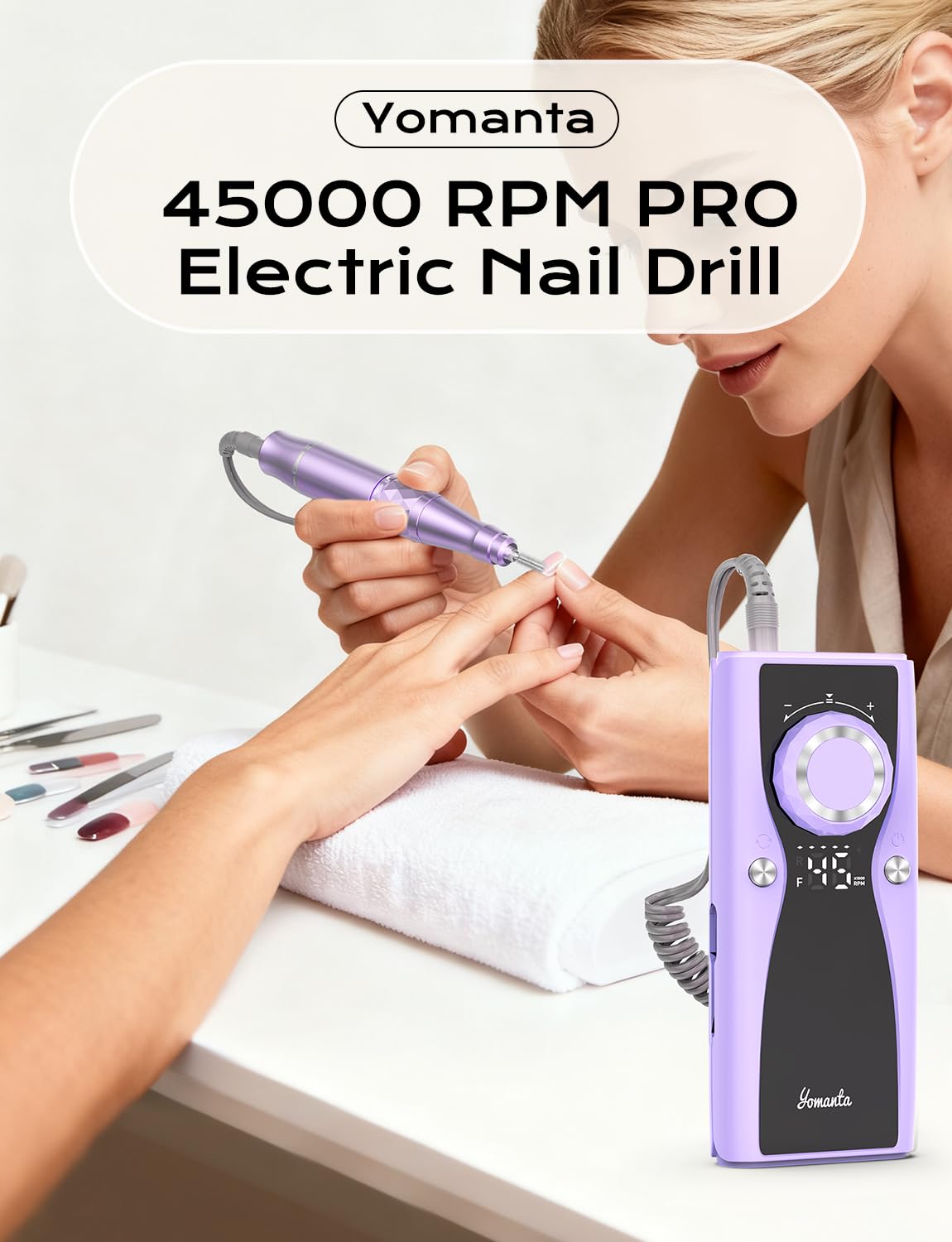 Electric Nail Drill Professional Kit: 45,000 RPM USB Rechargeable Efile Nail Drill Nail File with 12 Bits for Polishing Gel/Acrylic Nails- Portable Manicure Tool Set for Salon/Home-Light Purple