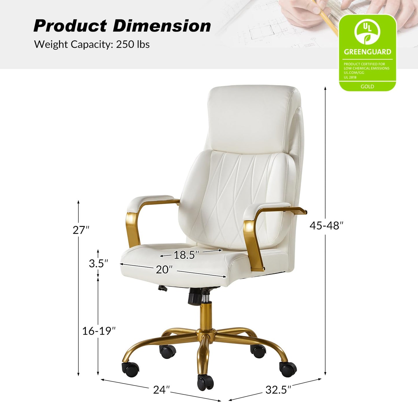 HULALA HOME Executive Office Chair with Adjustable Lumbar Support, Leather Ergonomic Office Chair with Padded Armrests, Tilt and High Back, White and Gold
