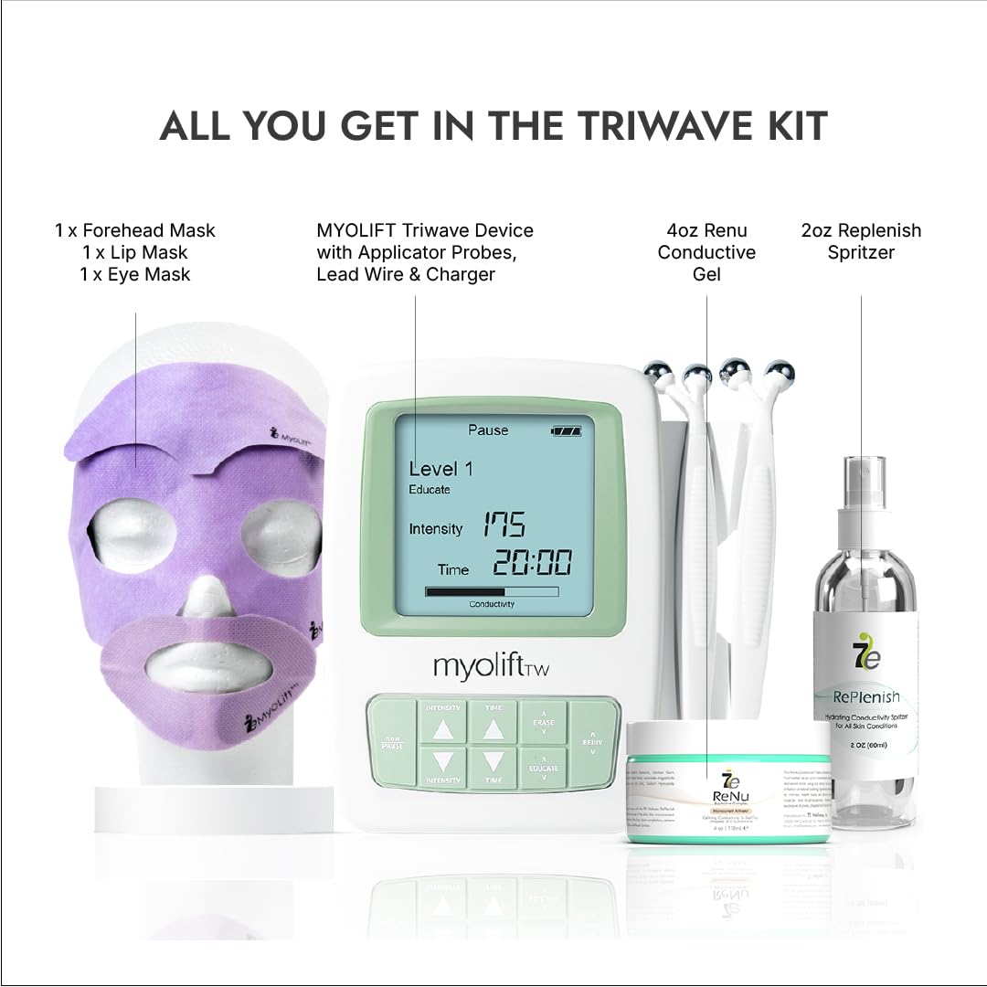 7e Wellness MyoLift TriWave Microcurrent Facial Device for Face Lifting & Toning with Conductive Gel, Probes, Masks – 3-Wave Technology for Skin Firming, Smoothing & Circulation - Face & Neck Care