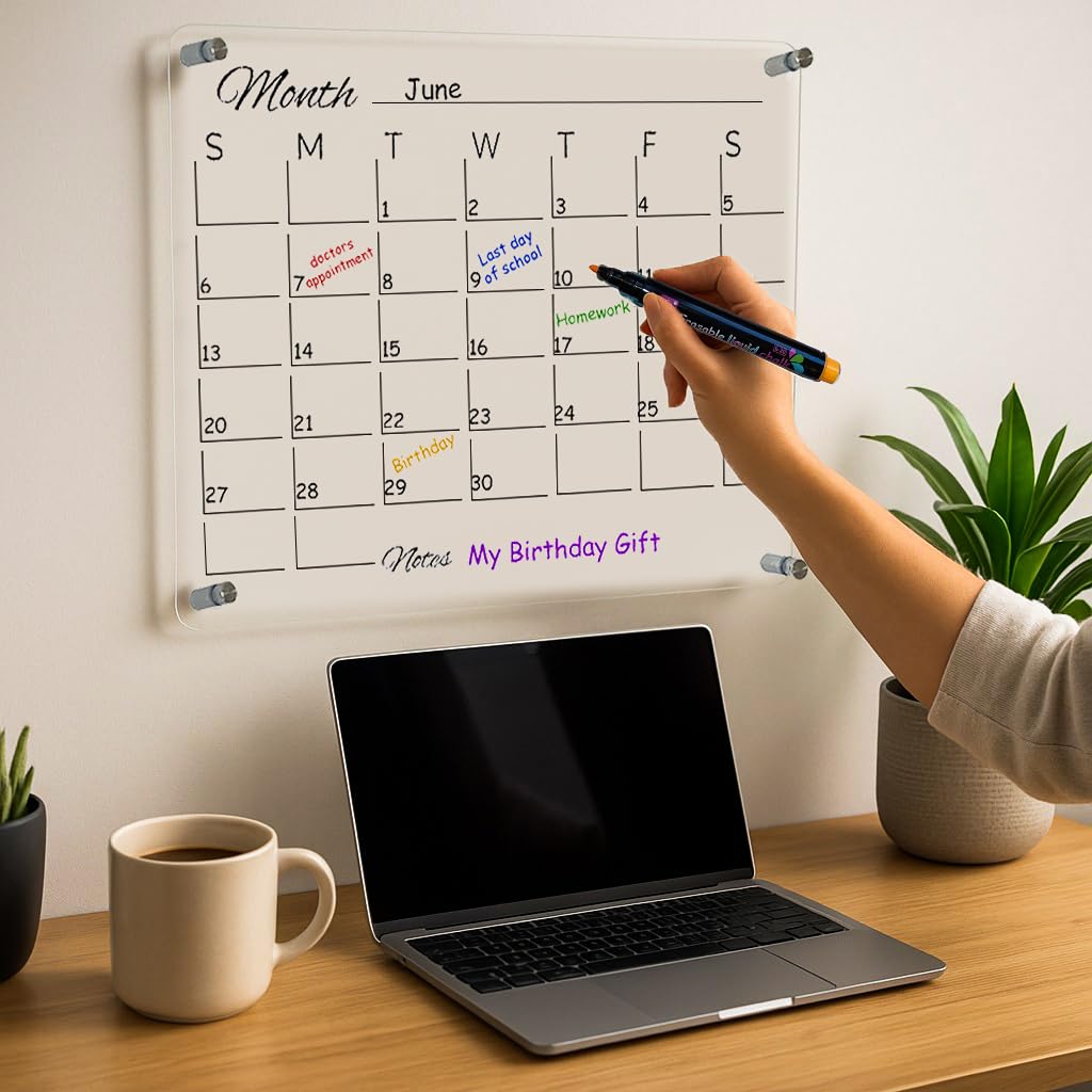 Premium Acrylic Calendar for Wall (16.75โ x 13.25โ) Clear Calendar & Family Reusable Planner with Vibrant Markers, Acrylic Dry Erase Board for Wall, Home, Office, or Family Command Center