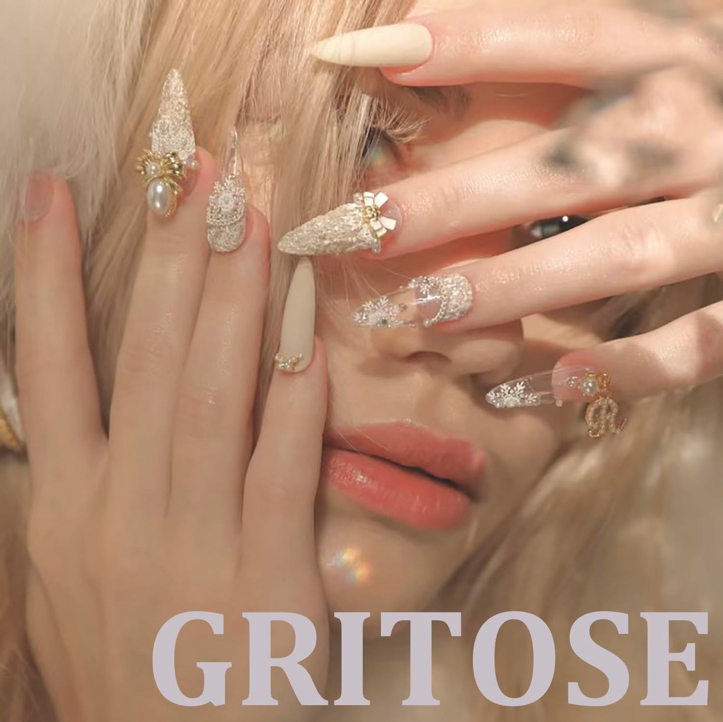 3D Press on Nail Almond Shape Fake Nails Full Cover Coloful Press ons with Rhinestones Star designs Cute False Nails Glossy Handmade Glue on Nails for Women Summer10pcs(m Size)