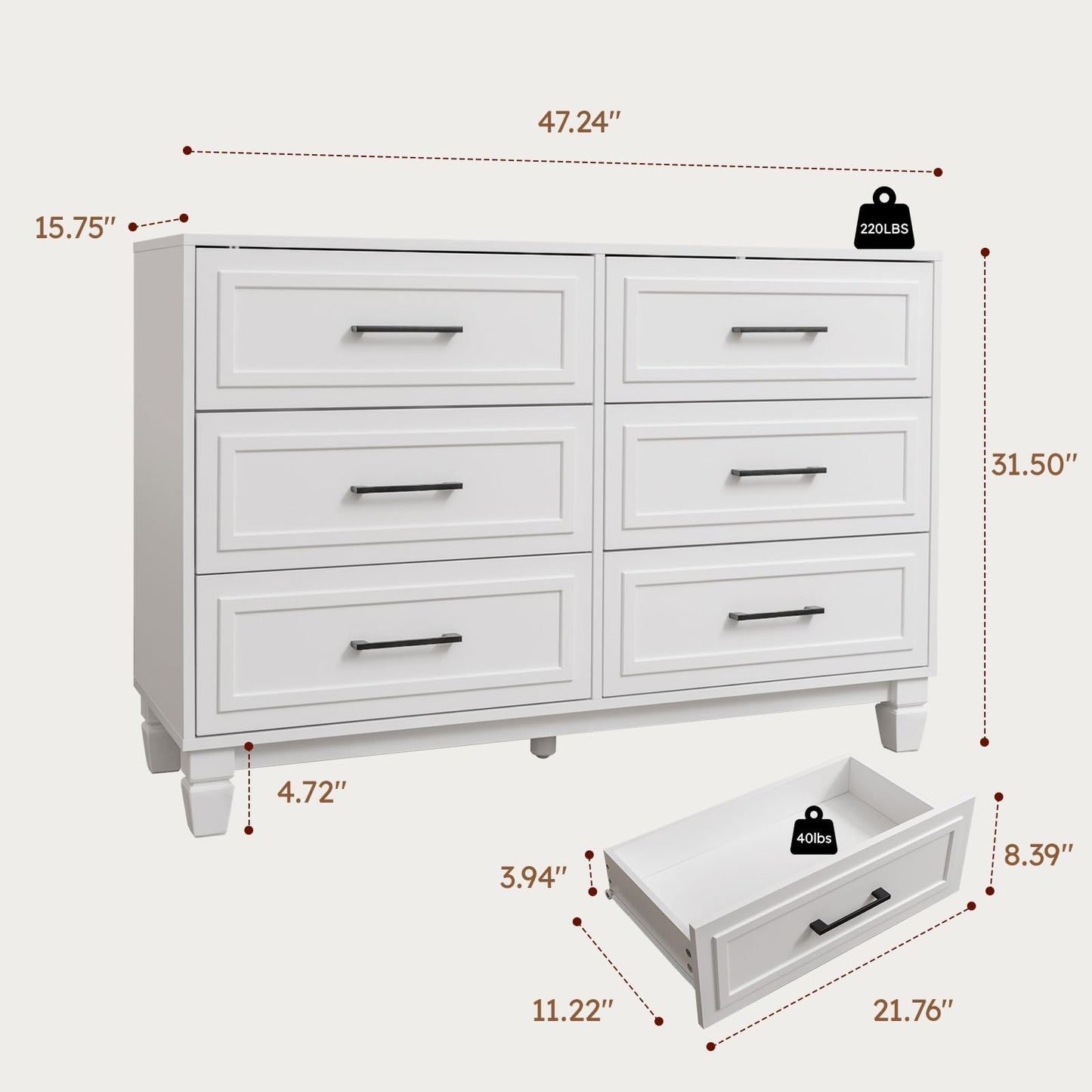 BERRY NEST Farmhouse 6 Drawers Dresser for Bedroom, White Dressers with Unique Solid Wood Legs, Modern Wide Chest Dressers for Clothes, Closet, Living Room