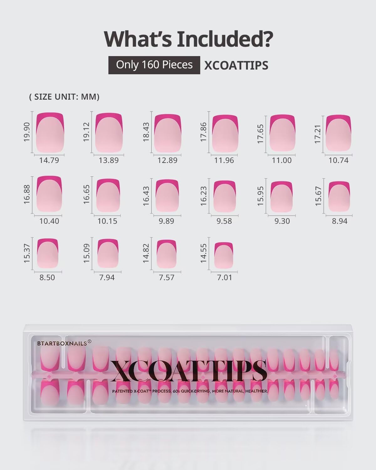 BTArtboxnails French Tip Press On Nails - Pink Short Square Press On Nails, Soft Gel Nail Tips, 160Pcs Soak Off Acrylic Fake Nail Extension in 16 Sizes