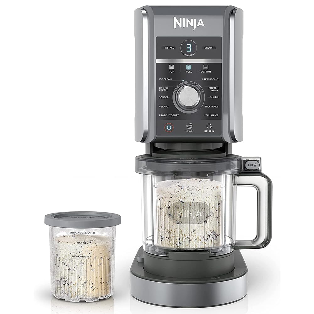 Ninja NC501 CREAMi Deluxe 11-in-1 XL Ice Cream Maker Silver (Renewed) Bundle with Deco Essentials 6 Pack of Pints and Lids for Ninja Creami