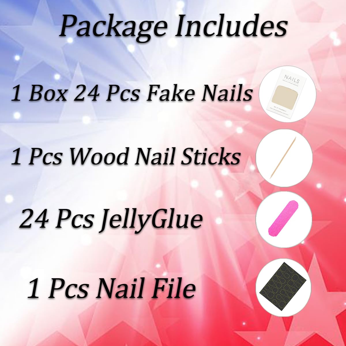 Independence Day Press on Nails Long Square Fake Nails Red Blue Star Stripe Design 4th of July False Nails Glitter Stick on Nail Gradient Glue on Nail for Women Holiday Decoration Art Nail Supplies