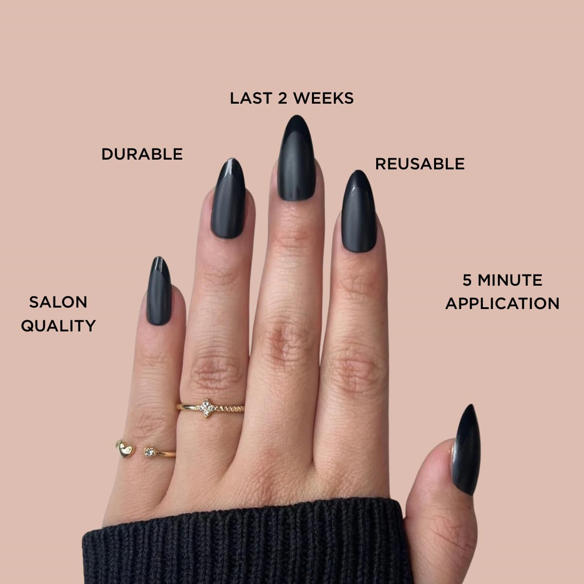 CLASSIC BLACK Press-On Nails by Lavaa Beauty | Medium Almond | Matte with Glossy Black Tip