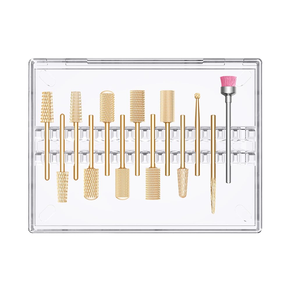GLIX 13-Piece Professional Nail Drill Bits Set, Gold Tungsten Carbide E File Bits for Acrylic Nails & Gel Polish Removal, Ambidextrous Left/Right Hand Kit with 2XC Typhoon & Safety Cuticle Clean Bits