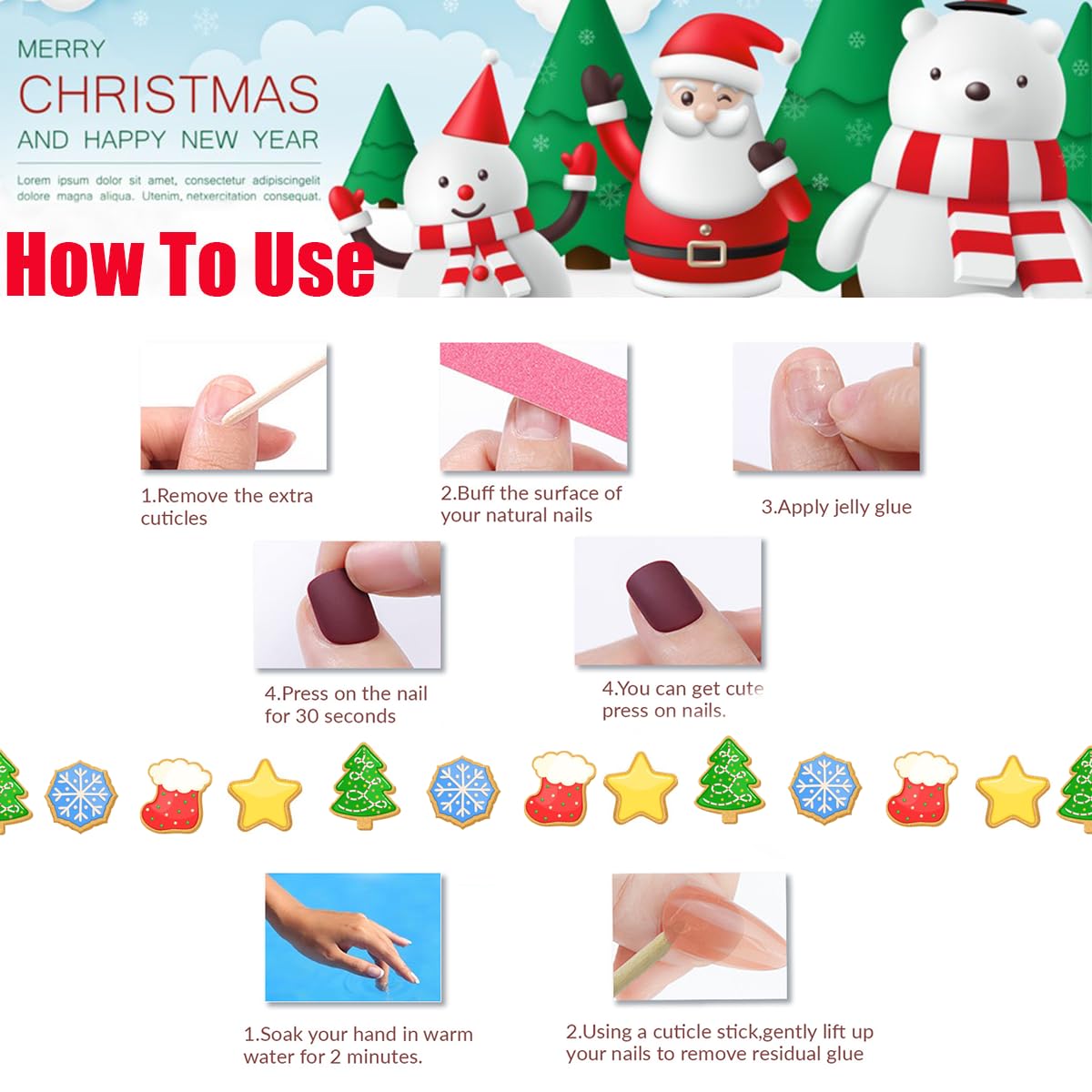 Christmas Bell Heart Stripe Glitter Nails - Red Coffin Design, Full Cover Square Artificial False Nails - 24 Pcs Winter Xmas Press On Nails for Women & Girls Manicure