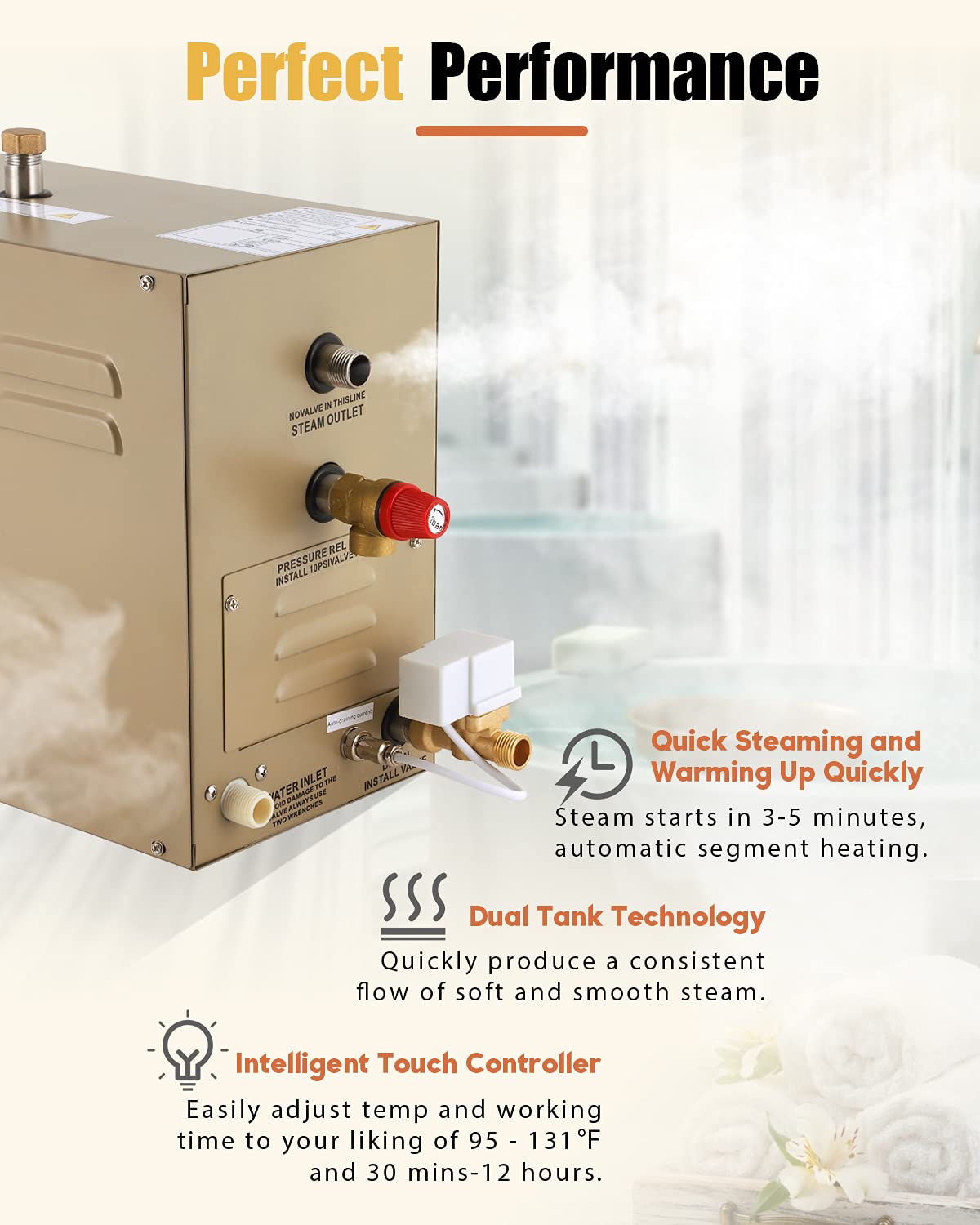 CGOLDENWALL 7.5KW Commercial Self-Draining Steam Generator Shower System Home Steam Bath Spa Generator 30 min to 12 Hours Auto Drain 95-131℉ for Suitable Space Heating 8 m³/283Cubic feet (7.5KW)