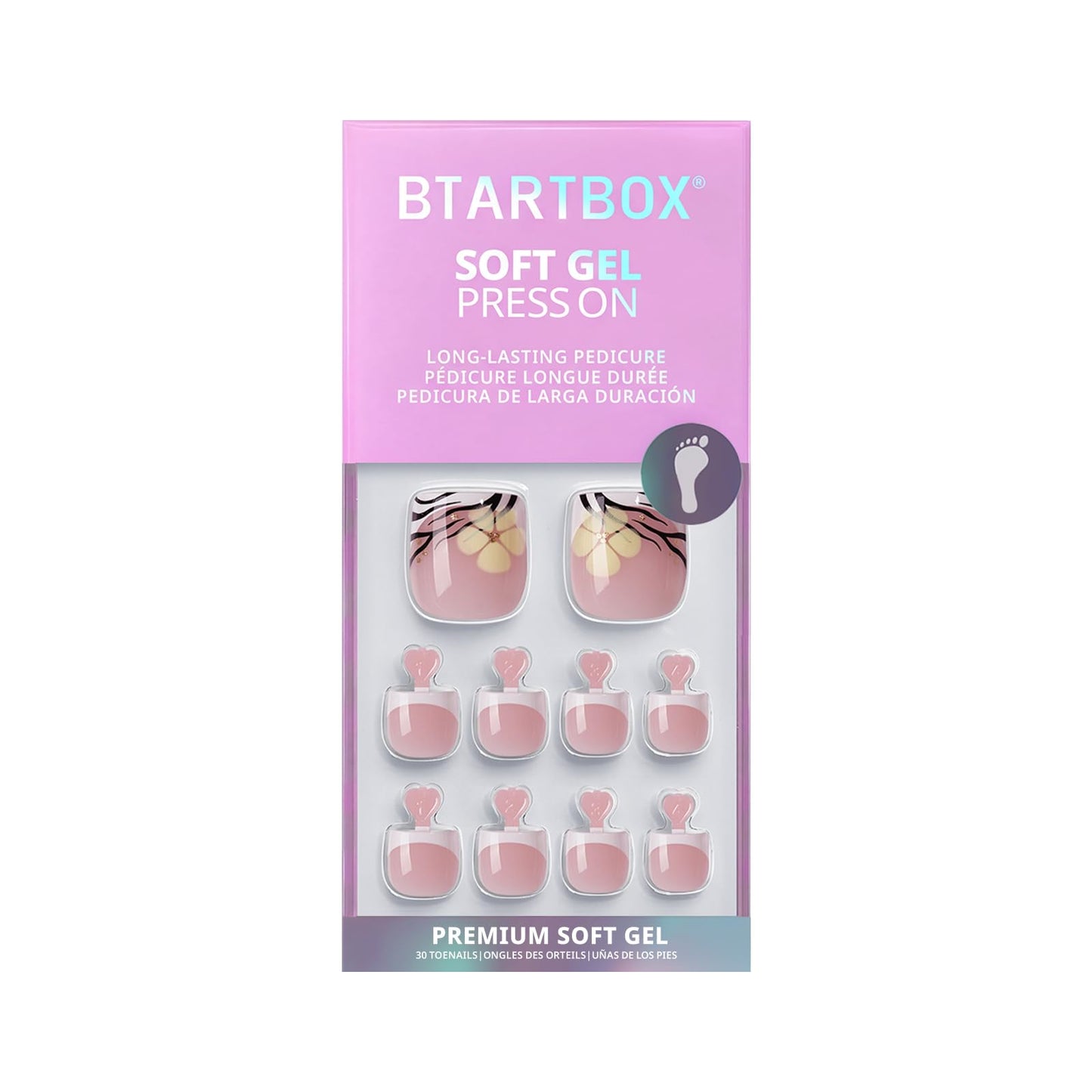 BTArtbox Press On Toenails Short - Isle Plumeria Pedi, Easy-to-Apply Flower French Tip Square Toe Nail Press Ons with Glue and Adhesive Tabs in 15 Sizes - 30 Toenails All-in-One Kit