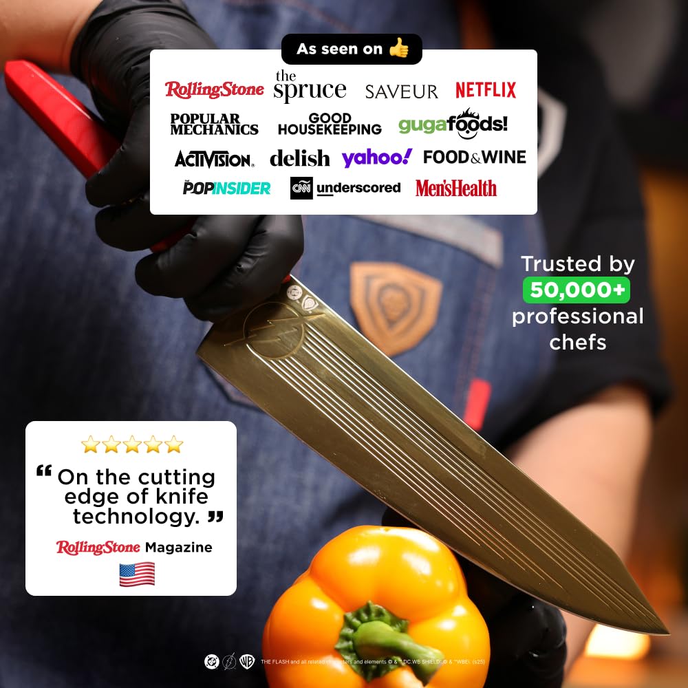 Dalstrong Chef Knife - 8 inch - The FLASH™ Edition - German X50CRMOV15 Stainless Steel - Gold Titanium Nitride - G10 Handle - Full Tang - Premium Leather Sheath - Collection Edition w/Pin