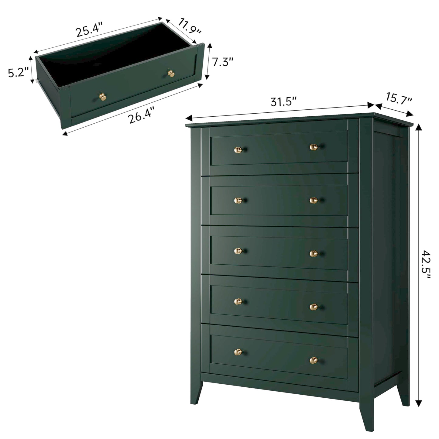 IDEALHOUSE Green 5 Drawer Dresser for Bedroom, Tall Dresser with Deep Drawers & Metal Knobs, Modern Wooden Chests of Drawers for Entryway, Hallway