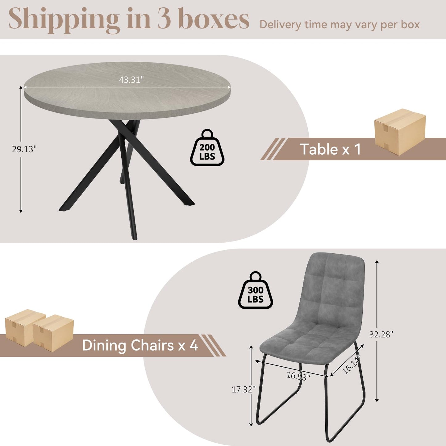 domusdisn 44" Round Dining Table with Cozy Chair Set for 4, Modern Mid-Century Dining Table Set of 4, Dinette Sets with Metal Leg for Kitchen Dining Room Apartment(Gray Table + Gray Chairs)
