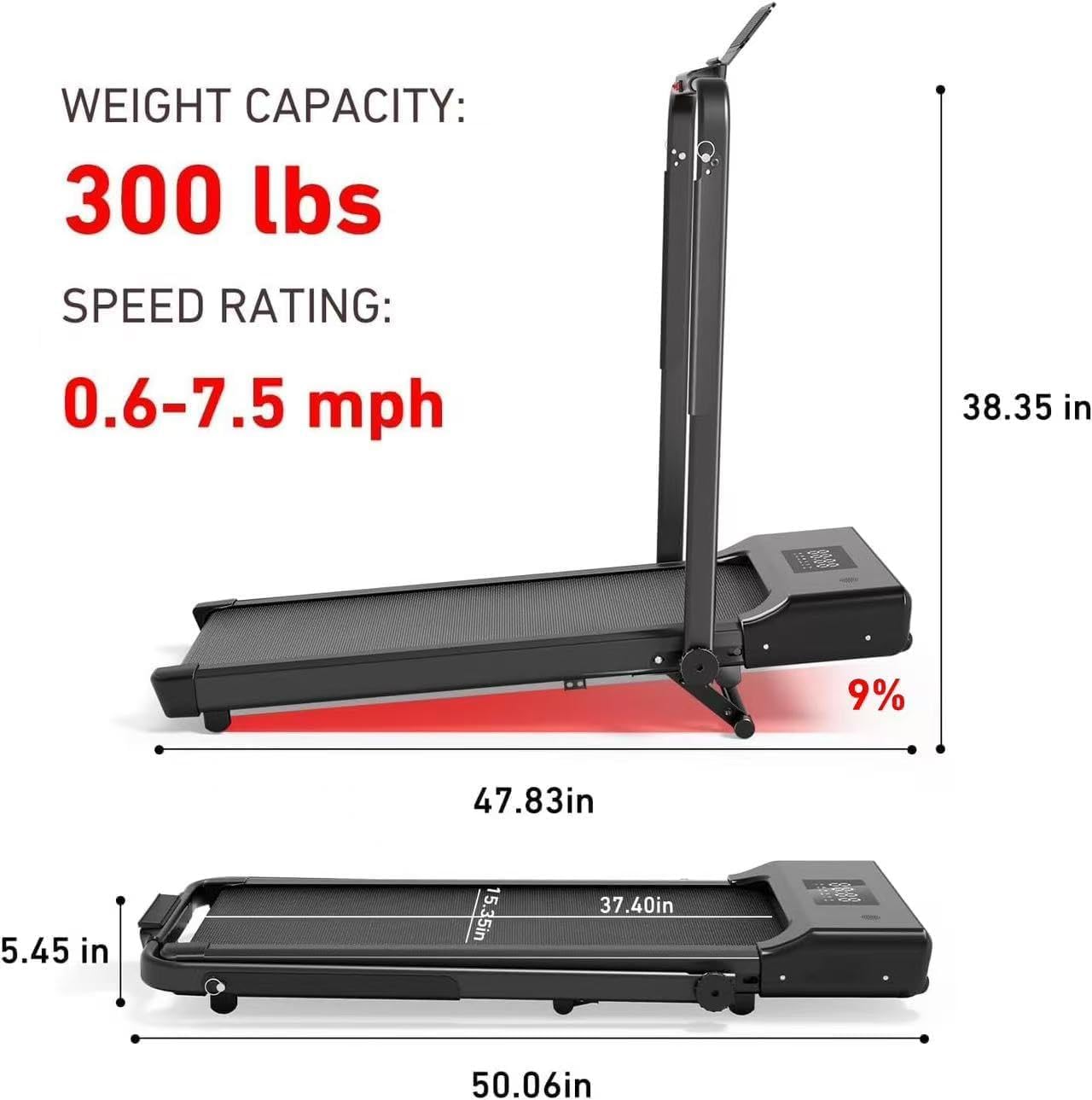 DeerRun Foldable Walking Pad Treadmill for Home & Office, Under Desk Walking Pad Treadmill with 9% Manual Incline and Handlebar, 0.6–7.5 MPH, 300 lb Capacity, App & Remote Control