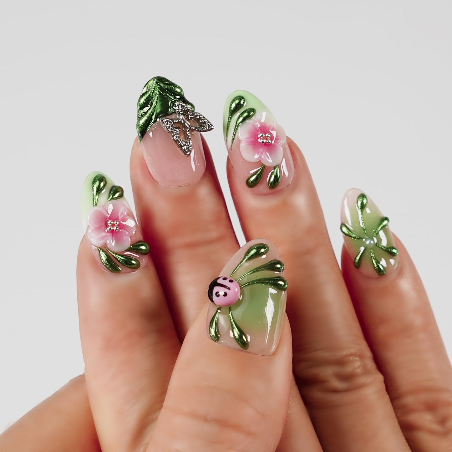 Tesytto Spring Press On Nails Short Almond Handmade 3D Flower Metallic Butterflies Fake Nails, Green Chrome Ladybug Design French False Nails for Party Daily Wear (Spring Green Pastel Garden,S)