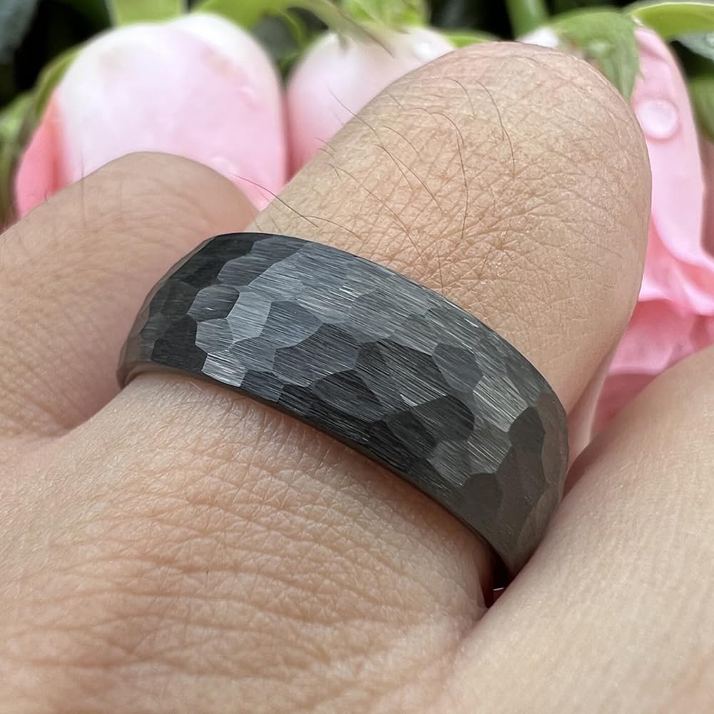 TUTISS 8mm Black Hammered Tungsten Carbide Rings for Men Women Engagement Wedding Bands Domed I Love You Engraved Comfort Fit Size 8