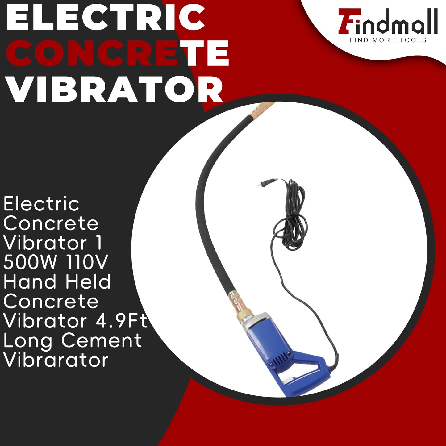 findmall Electric Concrete Vibrator 1500W 110V Hand Held Concrete Vibrator 4.9Ft Long Cement Vibrarator