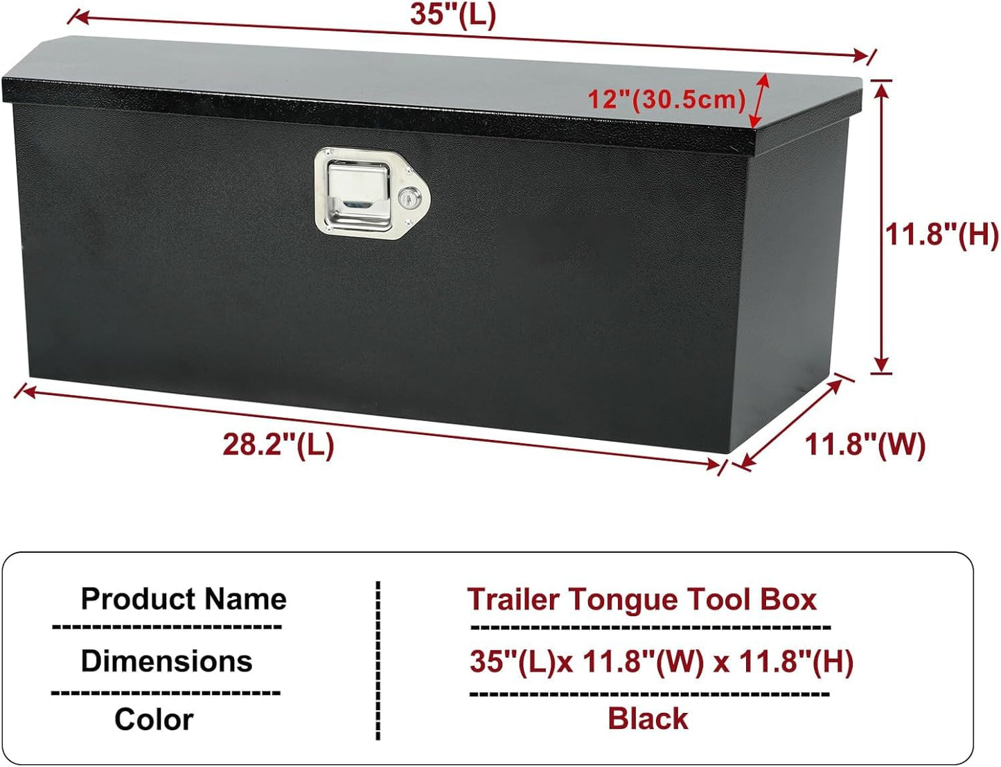 caqeg 35 Inch Trailer Tongue Tool Box, Steel Storage Truck Tool Box, 35" x 11.8" x 11.8" Tool Chest Organizer w/Lock and Keys For Pickup,Truck Bed, RV, Trailer,Heavy Duty Waterproof Black Toolbox