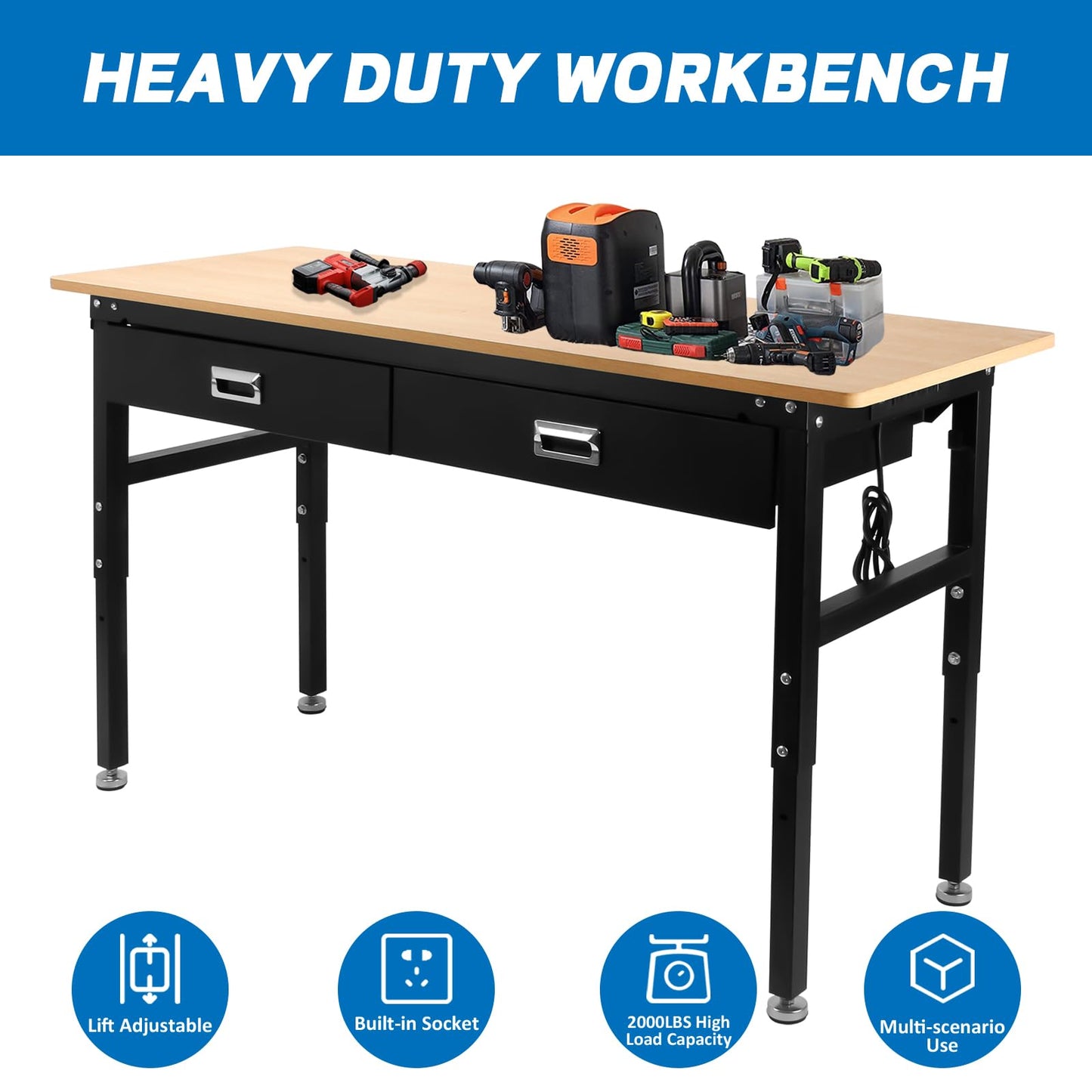 Workbenche with Drawers,60'' Workbench with Power Outlet for Garage,2700 Lbs Capacity Adjustable Workbench,Heavy Duty Table for Workshop Office Home Commercial
