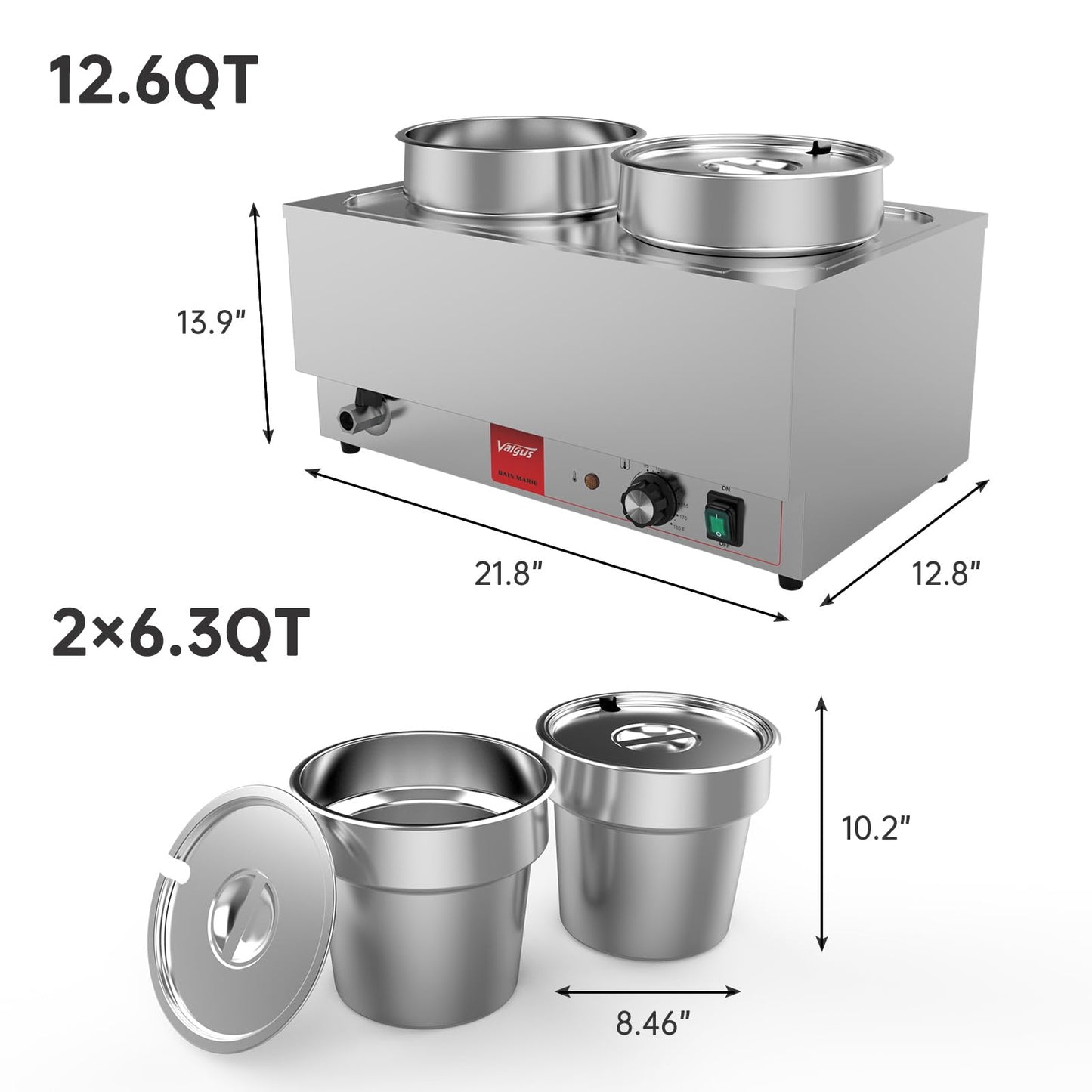 Valgus Commercial Stainless Steel Bain Marie Food Warmer 2 Round Pots Electric Soup Warmer with Lid and Tap for Home, Catering, Buffet