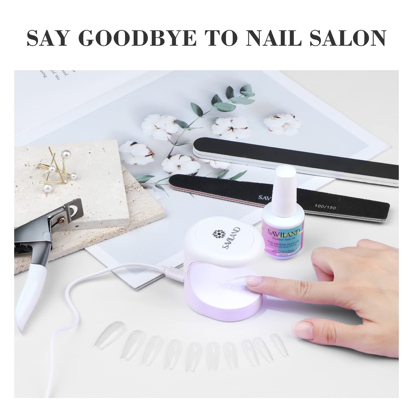 SAVILAND Gel Nail Kit Starter Set: 14-Day Last Nail Glue Gel and 500Pcs High Clear Nail Tips for Press On 10 Sizes Mini U V Nail Lamp Nail Clipper Manicure Tools Easy Use for Home Salon and Nail Care