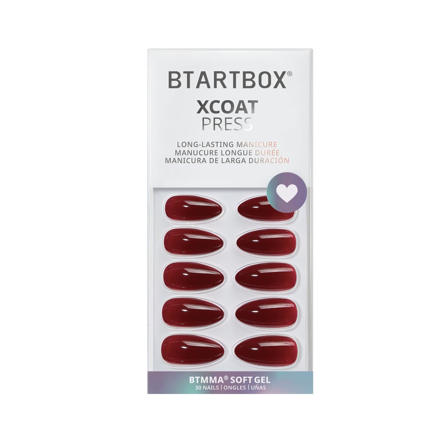 BTArtbox Press On Nails Almond - Lamp-Curable Dark Red Medium Press On Nails with Glue for Women, Semi-Transparent Soft Gel Glue On Nails in 16 Sizes - 32 Stick On Nails Kit, Blackout