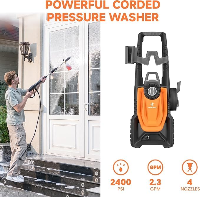 Giraffe Tools Pressure Washer, Max 2400 PSI, 2.3 GPM Electric Power Washer with 4 Quick-Connect Nozzles, Foam Cannon for Cars/Patios/Driveways/Fences