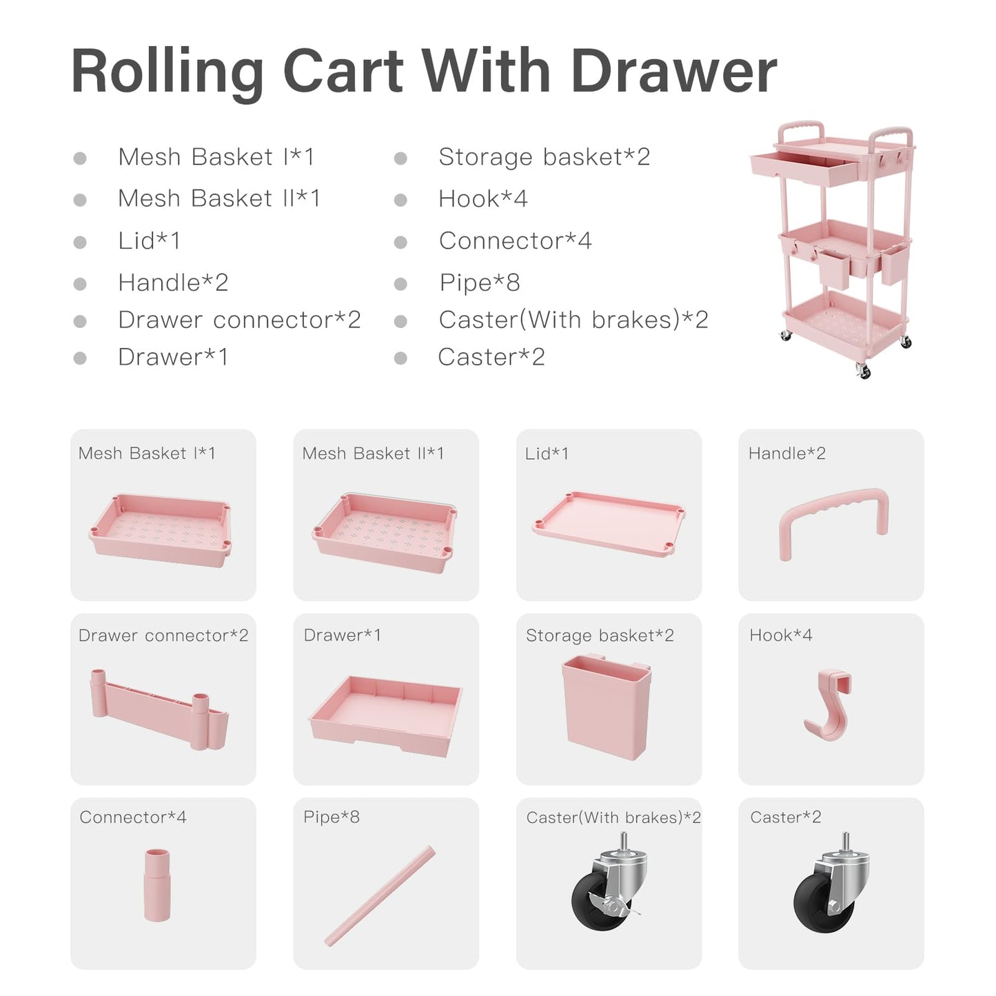 REBECAT 3 Tier Rolling Utility Cart with Drawer,Storage Cart,Rolling Cart for Kitchen,Bathroom,Living Room,Storage Organizer with Iron Wheels(Pink