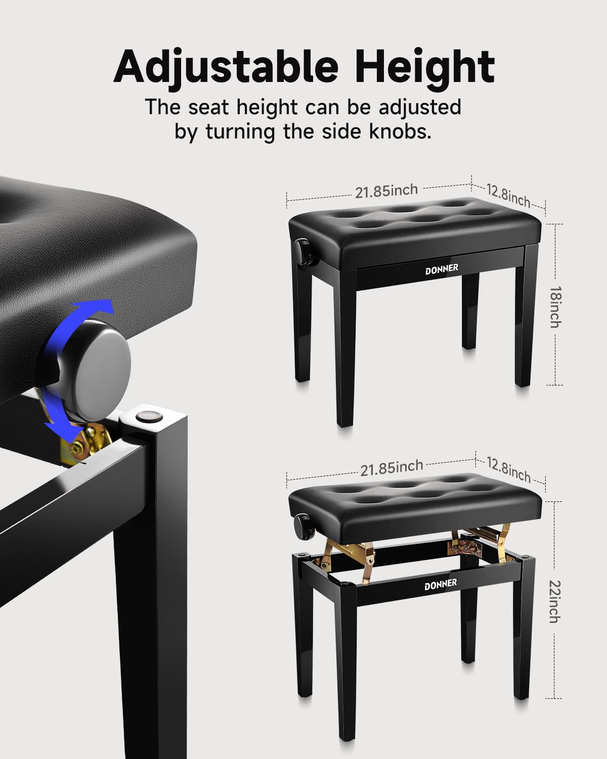 Donner Adjustable Piano Bench, Solid Wood Keyboard Bench Piano Chair Seat with High-Density Sponges Cushion,Wooden Piano Stool with Metal Lifting Devices, Black