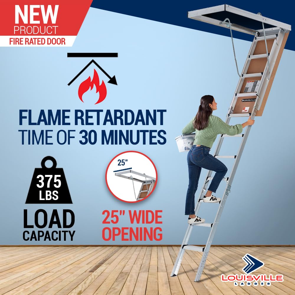 Louisville Ladder 7.8-10.3-Foot Fire Rated Door Aluminium Attic Ladder 25.5" x 54" (Rough Opening), 375-Pound Load Capacity, Type IAA, AL2540MG-FT