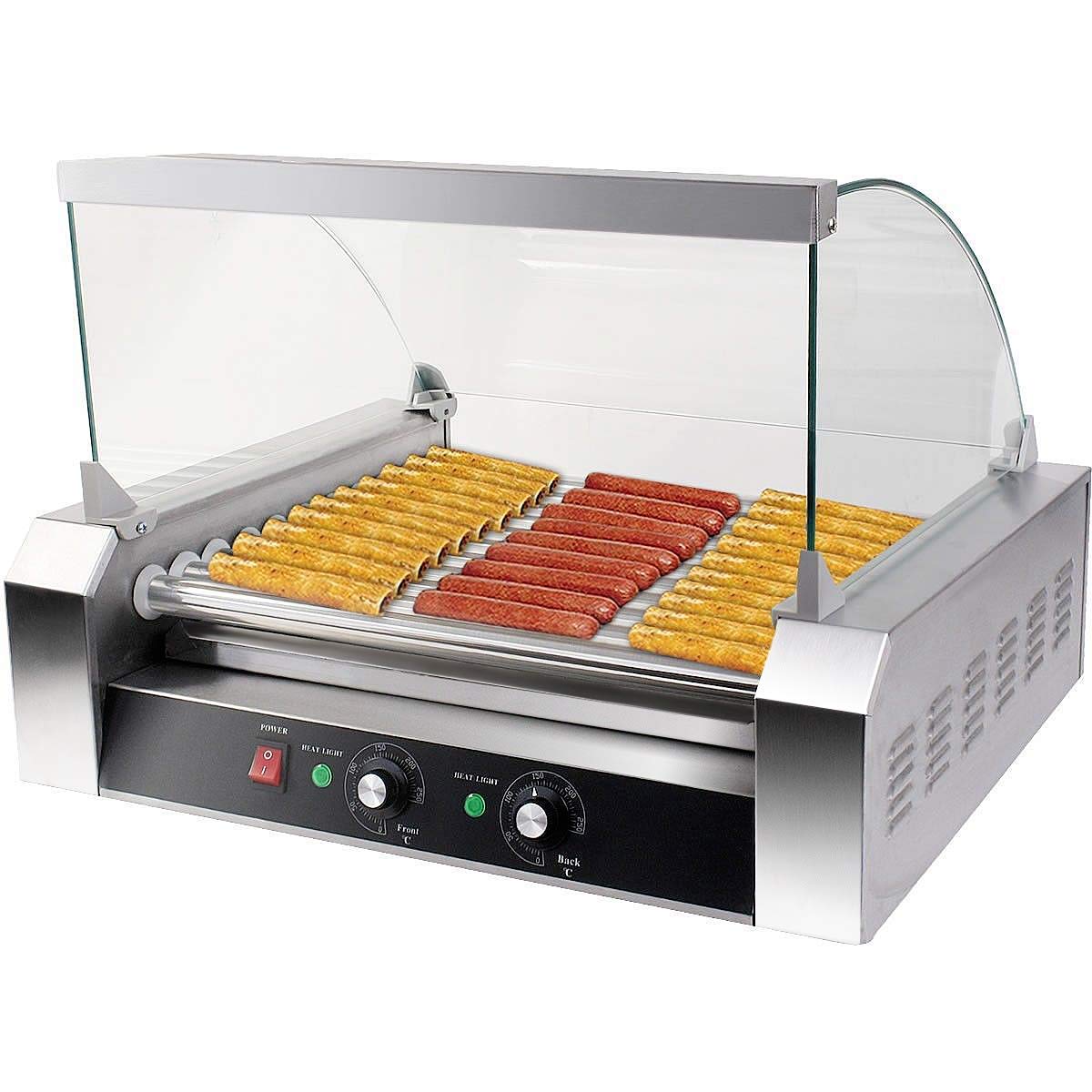 ReunionG Commercial Electric Hotdog Grilling Cooker 11 Rollers for 30 Hotdogs Stainless Steel Hot Dog Warmer Grilling Machine with Cover, Grade 1650W (20''W)