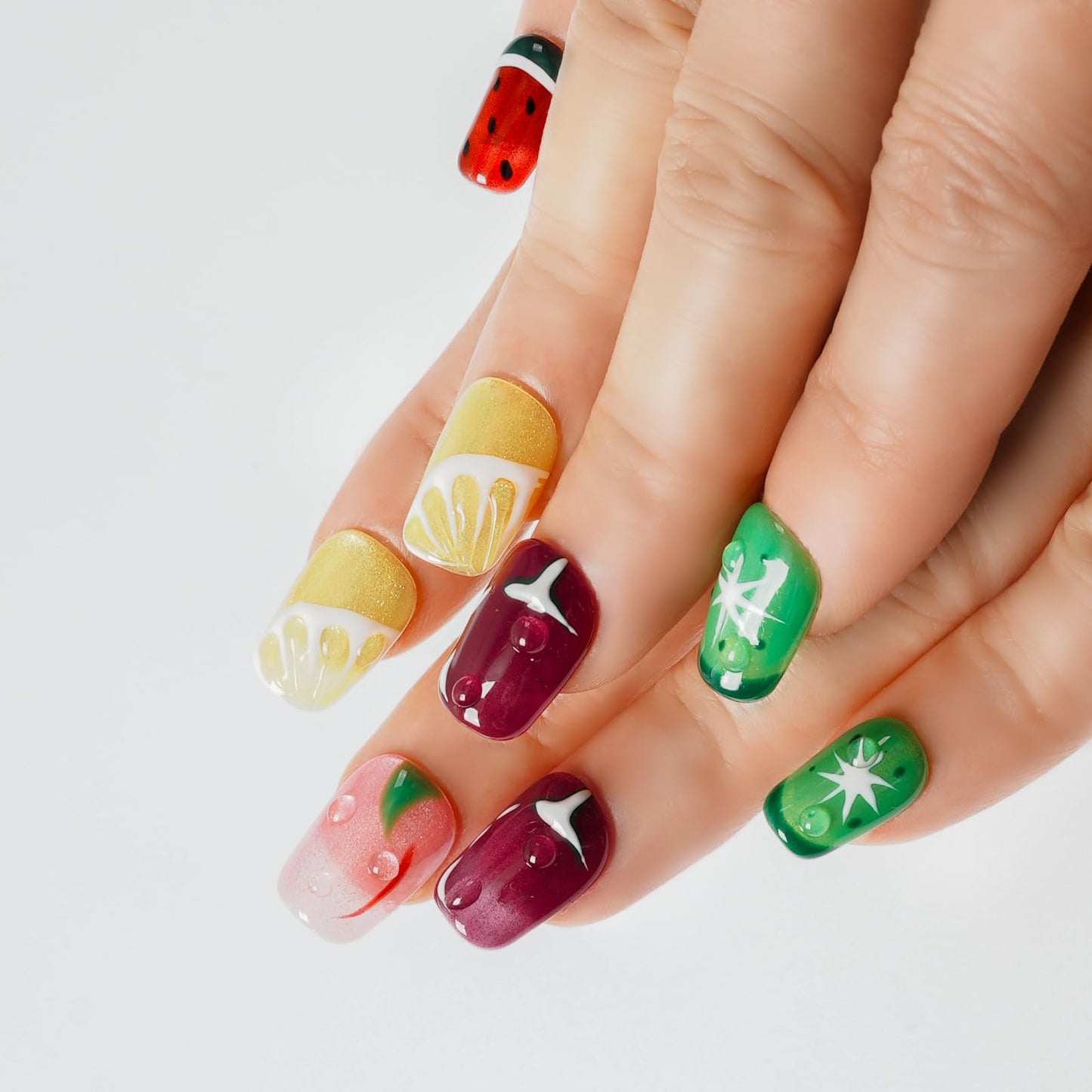 Tesytto Glitter Press on Nails Short Coffin Summer Fruit Nails Cateyes with 3D Water Drop, Hand-painted Watermelon & Lemon Art, Reusable Acrylic Full Cover Fake Nails, 10pcs (Fruit Party,L)