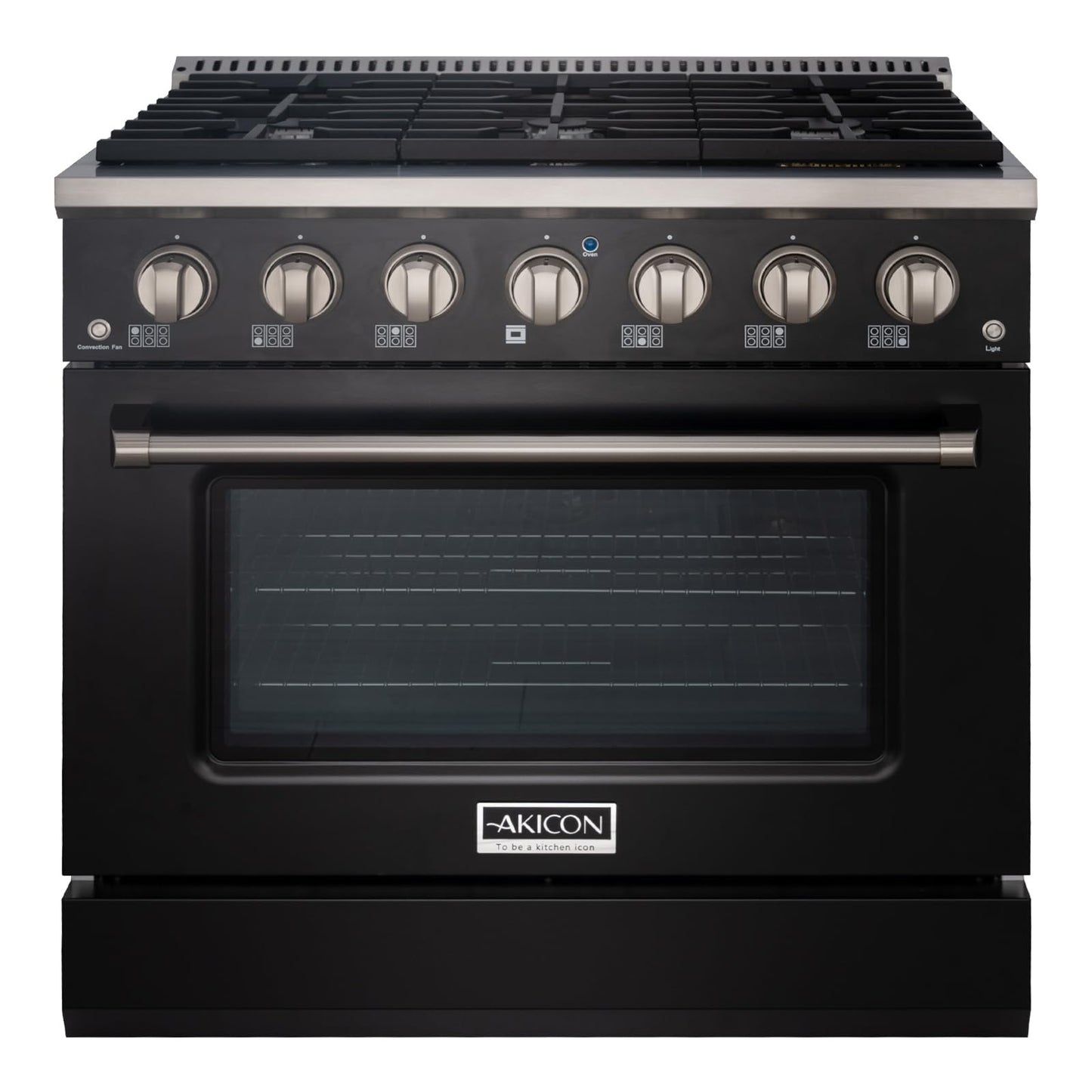 Akicon 36 Inch Freestanding Gas Range - Gas Oven Stove with 6 Sealed Burners, Heavy Duty Cast Iron Grates - 5.2 cu. ft. Capacity Rapid Convection Oven with Porcelain Interior (Black & Stainless Steel)