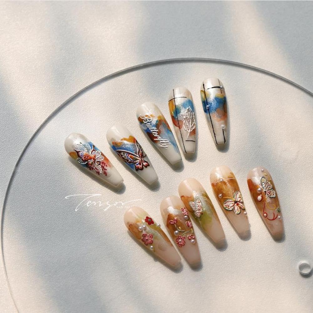 Red Butterfly Nail Stickers 5D Embossed Flower Nail Decals with Pearl Designs 3D Self-Adhesive Spring Nail Art Supplies Summer Nails Decoration Accessories for Women Girls Manicure 1 Sheet