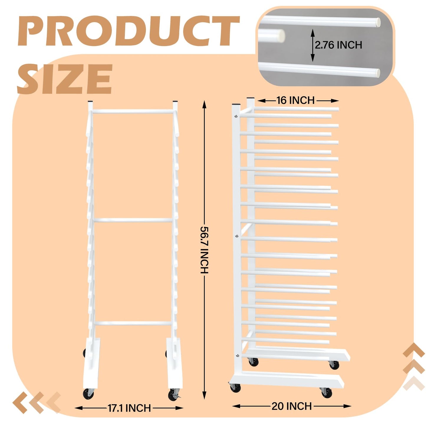 Colingmill 1 Pack 15 Tier Cabinet Doors Paint Drying Rack with Casters 16 in Rods 20 in Base White Powder Coated Iron Detachable Crossbars Space Saving for Painted Wood Panels Doors