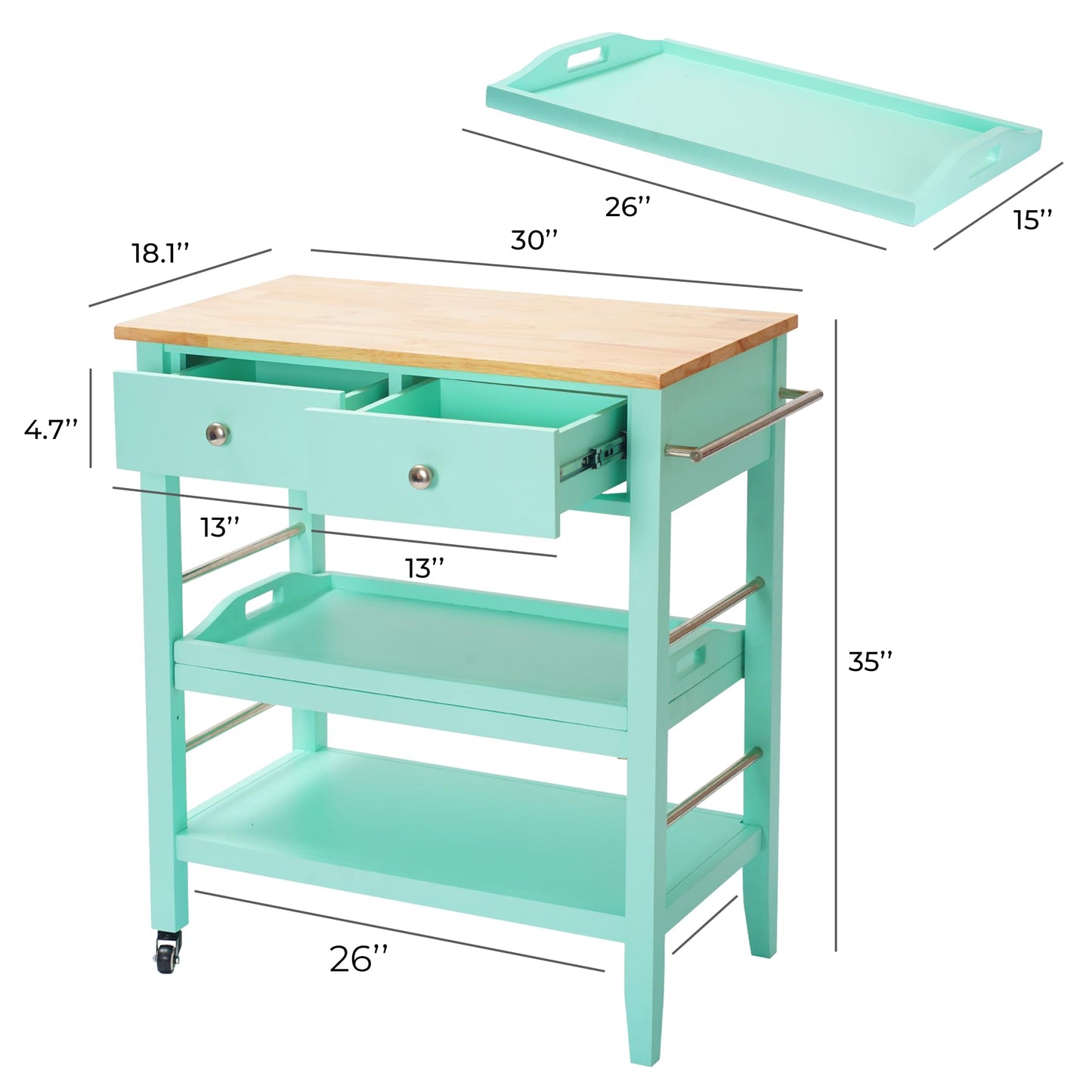 ARROWSTONE Rolling Kitchen Island Cart, Teal Kitchen Cart with Rubberwood Top, Ample Storage Drawers, Adjustable Shelves, Utility Cart with Wheels for Small Kitchens, 35” Height