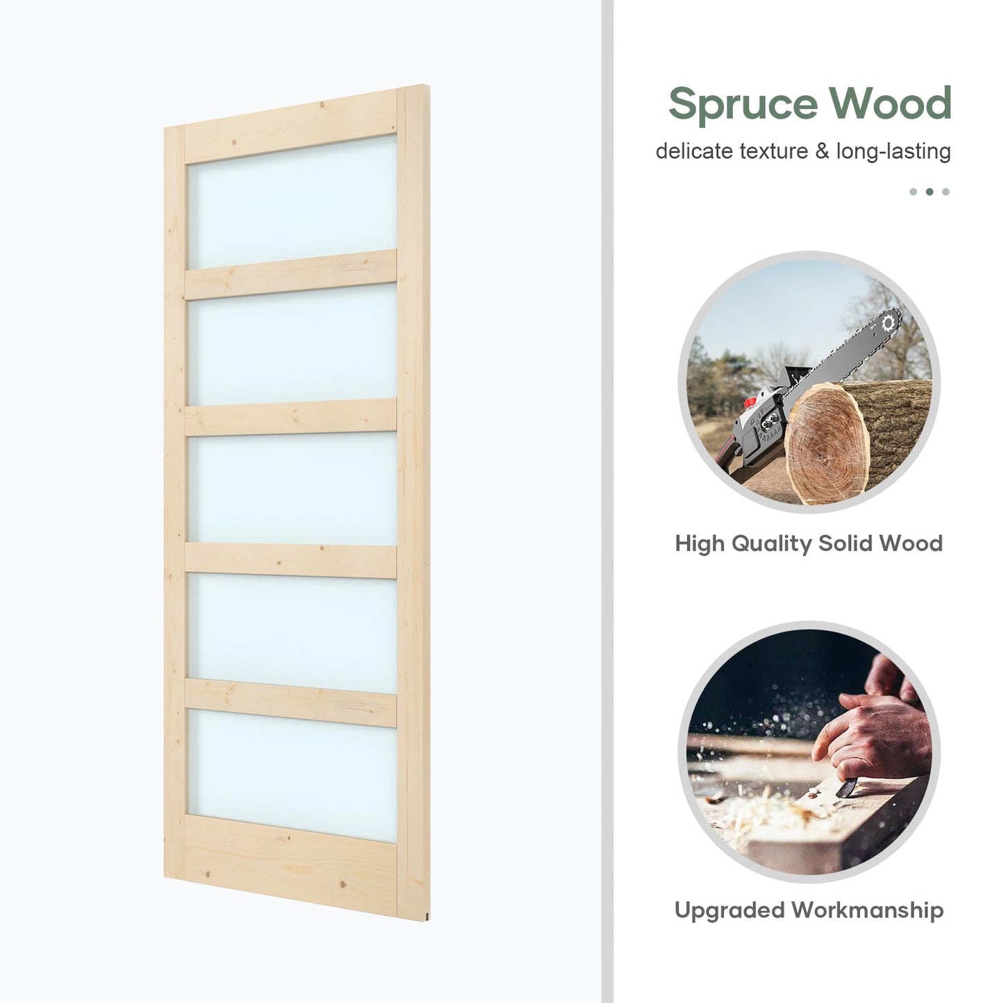 ROYMELO 38x84 inch Glass Sliding Barn Door Slab with 6.6ft Hardware Kit Included, 5-Panel Frosted Glass, Spruce Wood Support DIY Dyeing, Easy Assembly