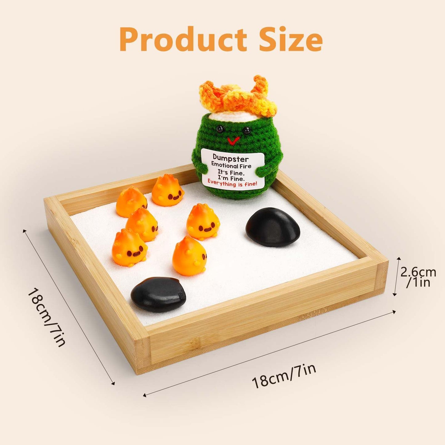 Humorous Emotional Support Dumpster Fire Desk Toy - Unique Desk Accessories, Mini Zen Garden Sand Box with Crochet Figure & 8 Flames, Funny Gift for Coworkers & Office Stress Relief