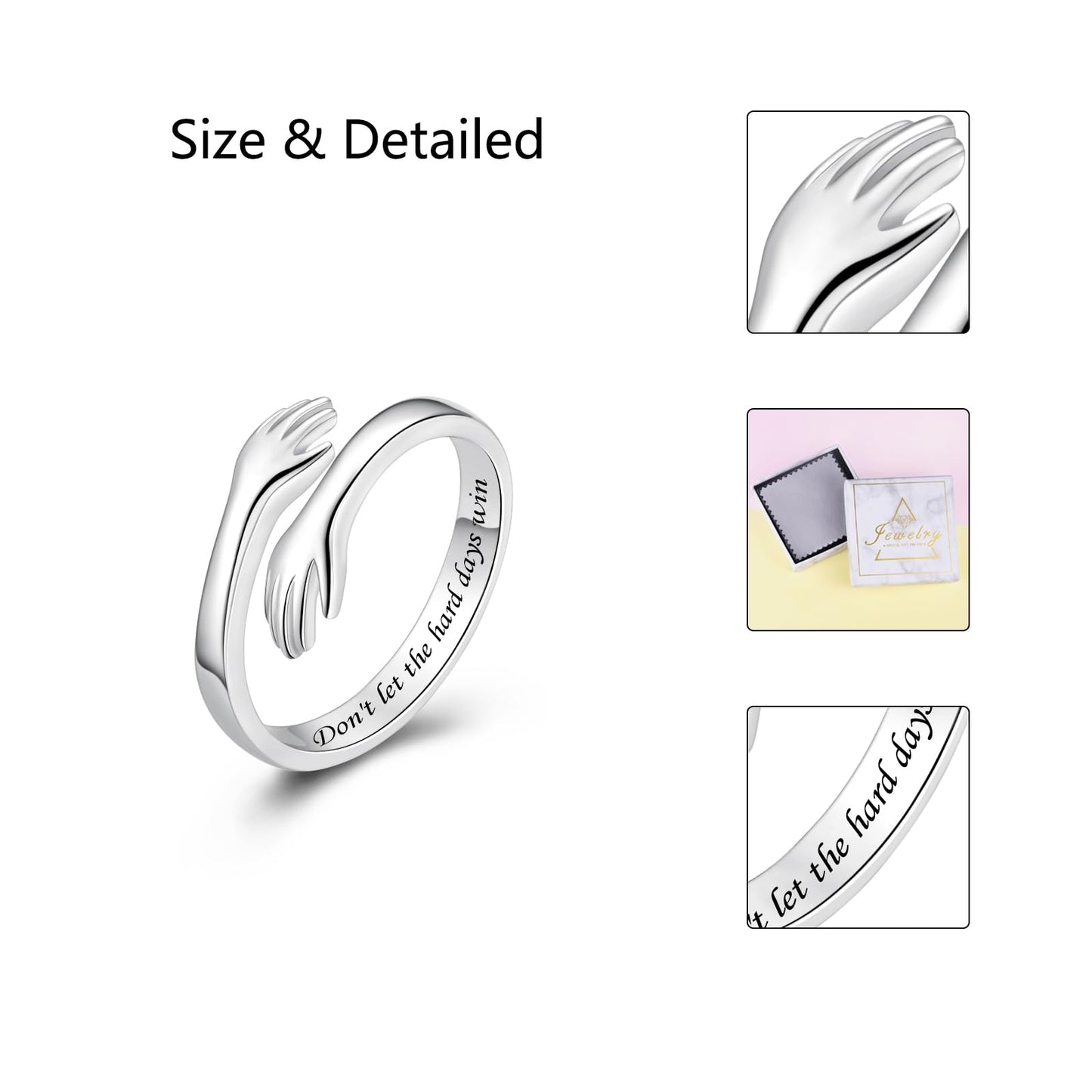 ACJFA S925 Sterling Silver Hug Ring for Women Adjustable Thumb Ring Birthday Gifts (Don't let the hard days win)