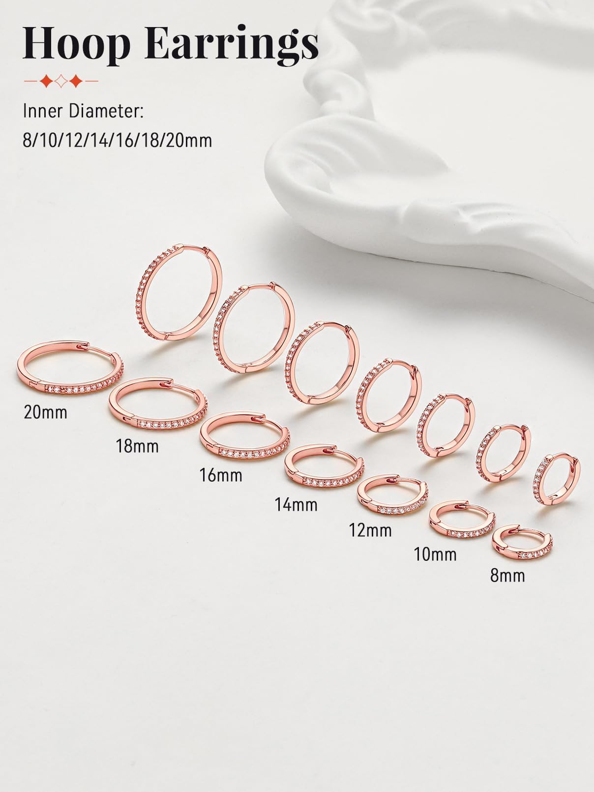 FaithHeart Cubic Zirconia Hoop Earrings for Women, Rose Gold Hypoallergenic Huggie Hoop Earrings, Small Cartilage Earrings for Women 20mm, Send Gift Box