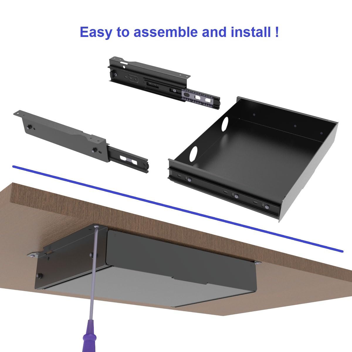 Mofangtech Under Desk Mounted Slide out Drawer, W 13.4" x D 9.3" Storage Organizer with Cable Management,Pull Out Add-On Storage for Office & Standing Desks with High Crossbar, Metal, Black (Medium)