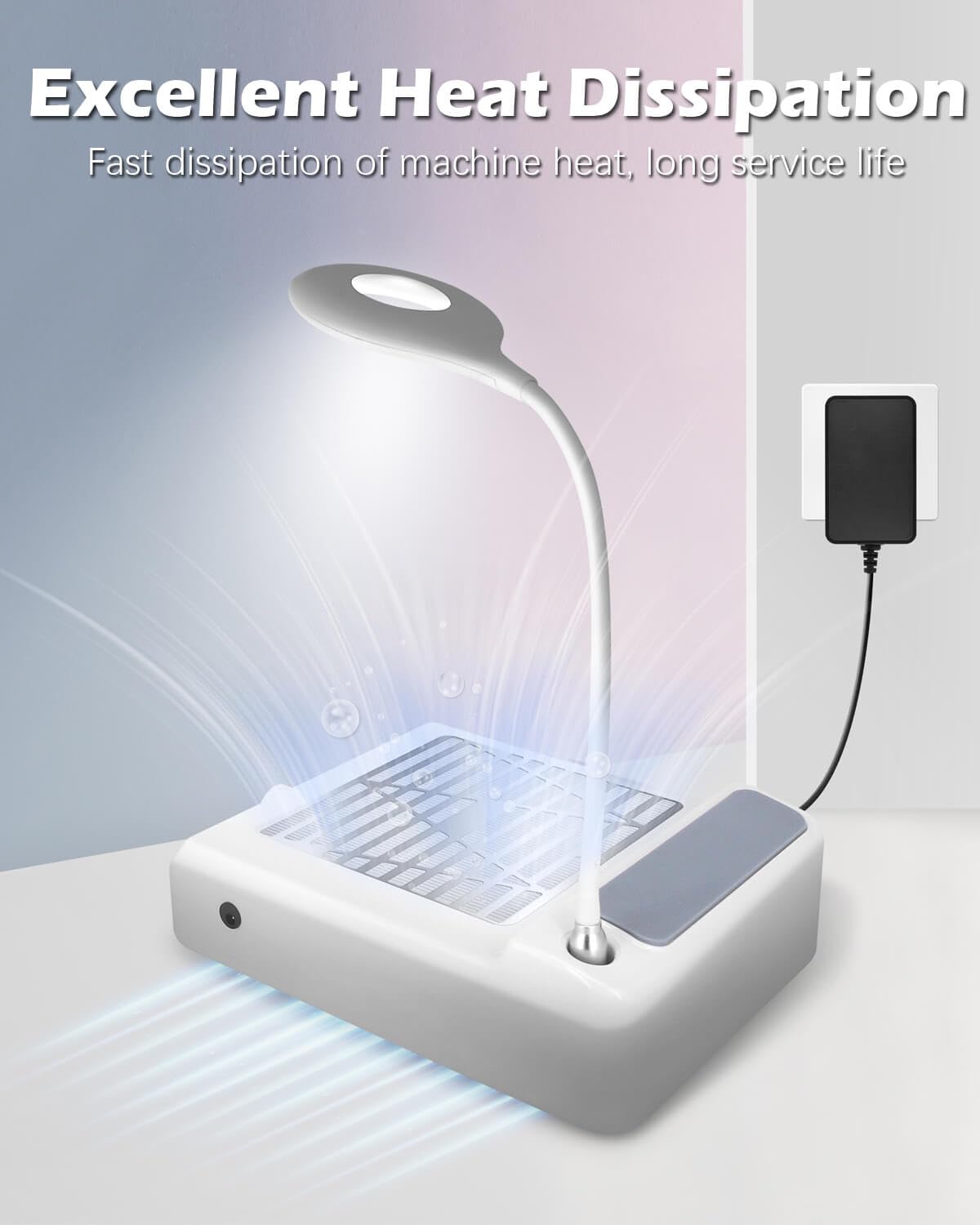 Nail Dust Collector Low Noise, AONOLOVO Powerful Nail Vacuum Dust Collector Suction Fan with Lamp for Nail Tech Acrylic Nails Gel Dip Powder Removal, with Nail Dust Brush, 03-White